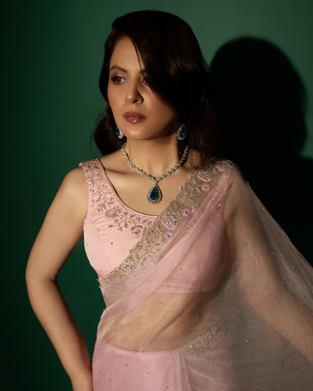 Baby Pink Hand Embroidered Saree and Matching Floral Embroidered Blouse