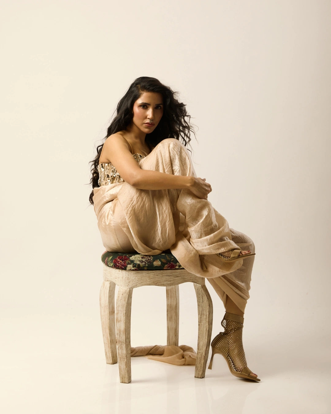 Champagne Semi Silk Saree with Hand-Embroidered Strapless Sequins Blouse