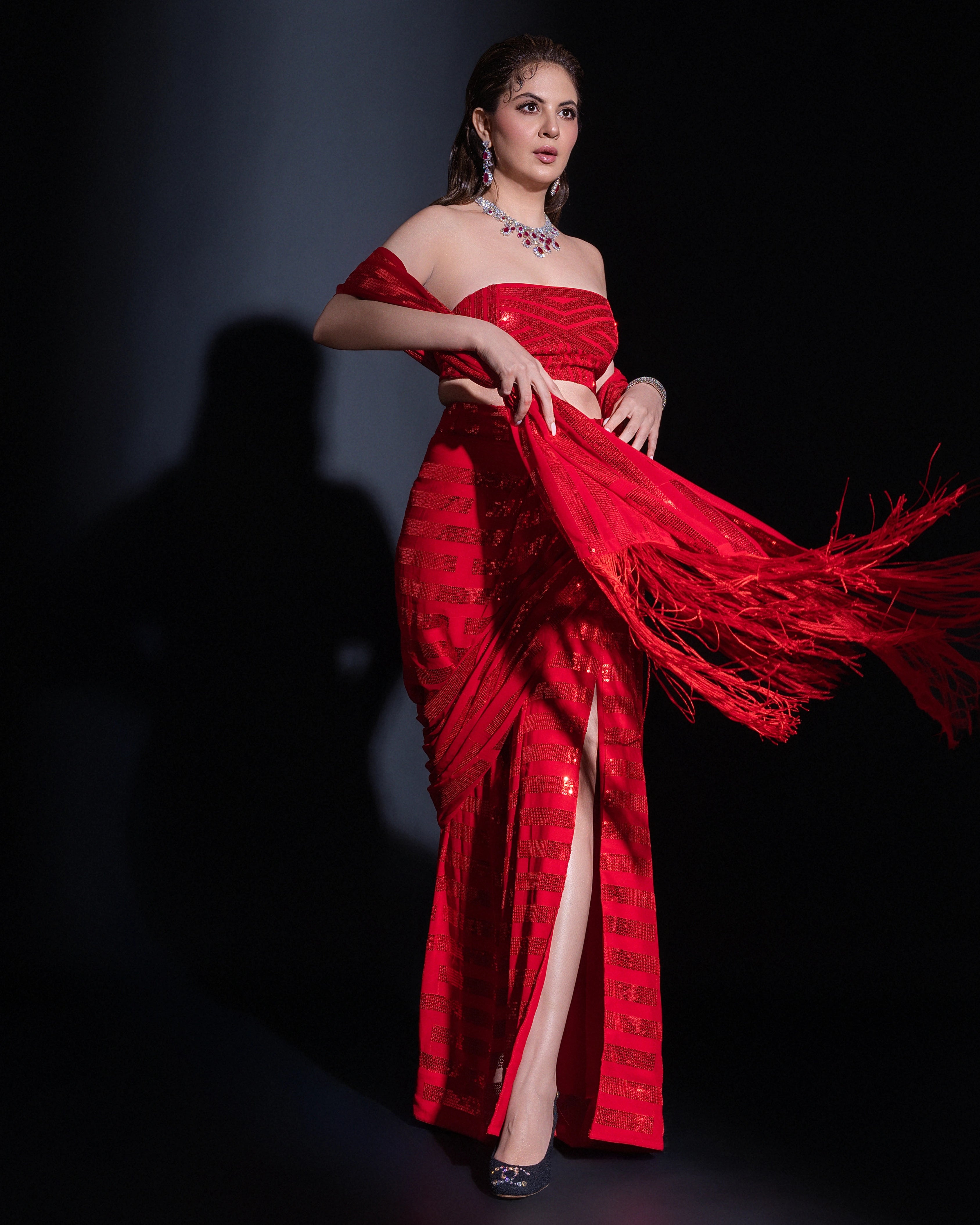 Crimson Red Georgette Sequin Per Drap Saree with Matching Blouse