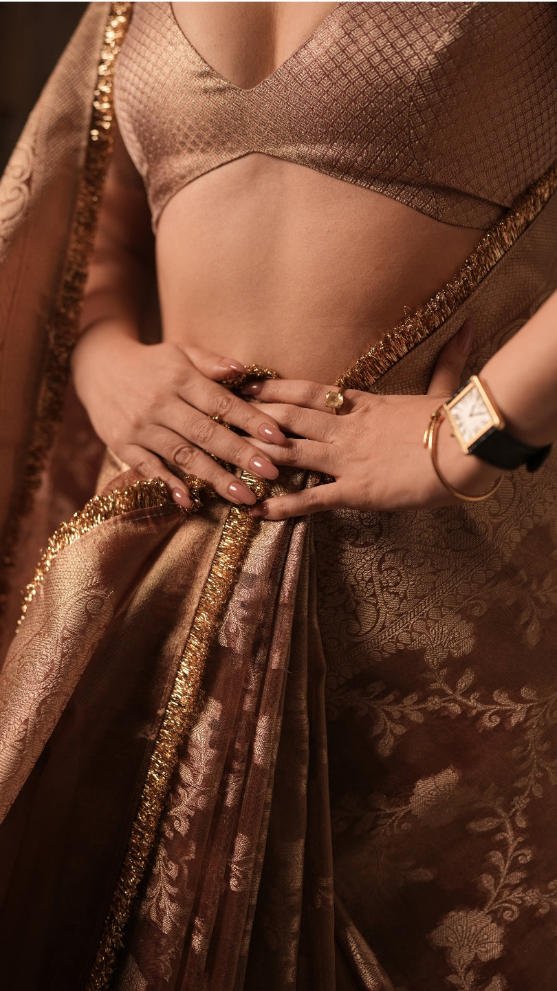 Orange Banarasi Silk Saree with Pure Gold Zari Floral Weaving and Matching Checked Blouse