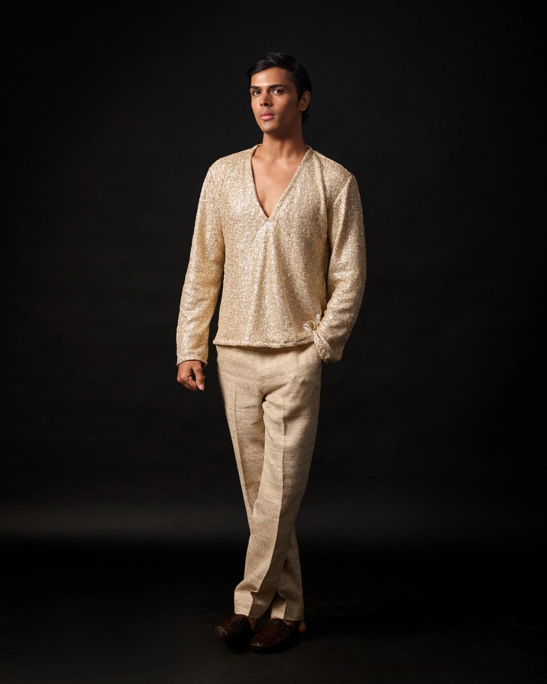 Gold Sequin Deep V-Neck Short Kurta with Jute Tailored Straight-Fit Pants