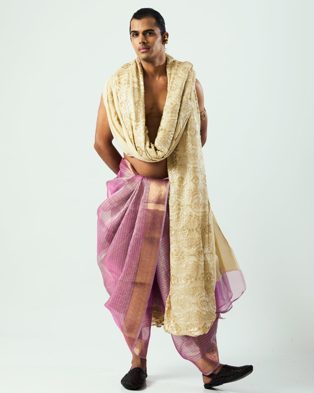 Baby Pink Tissue Draped Dhoti with Gold Border and Ivory Dupatta
