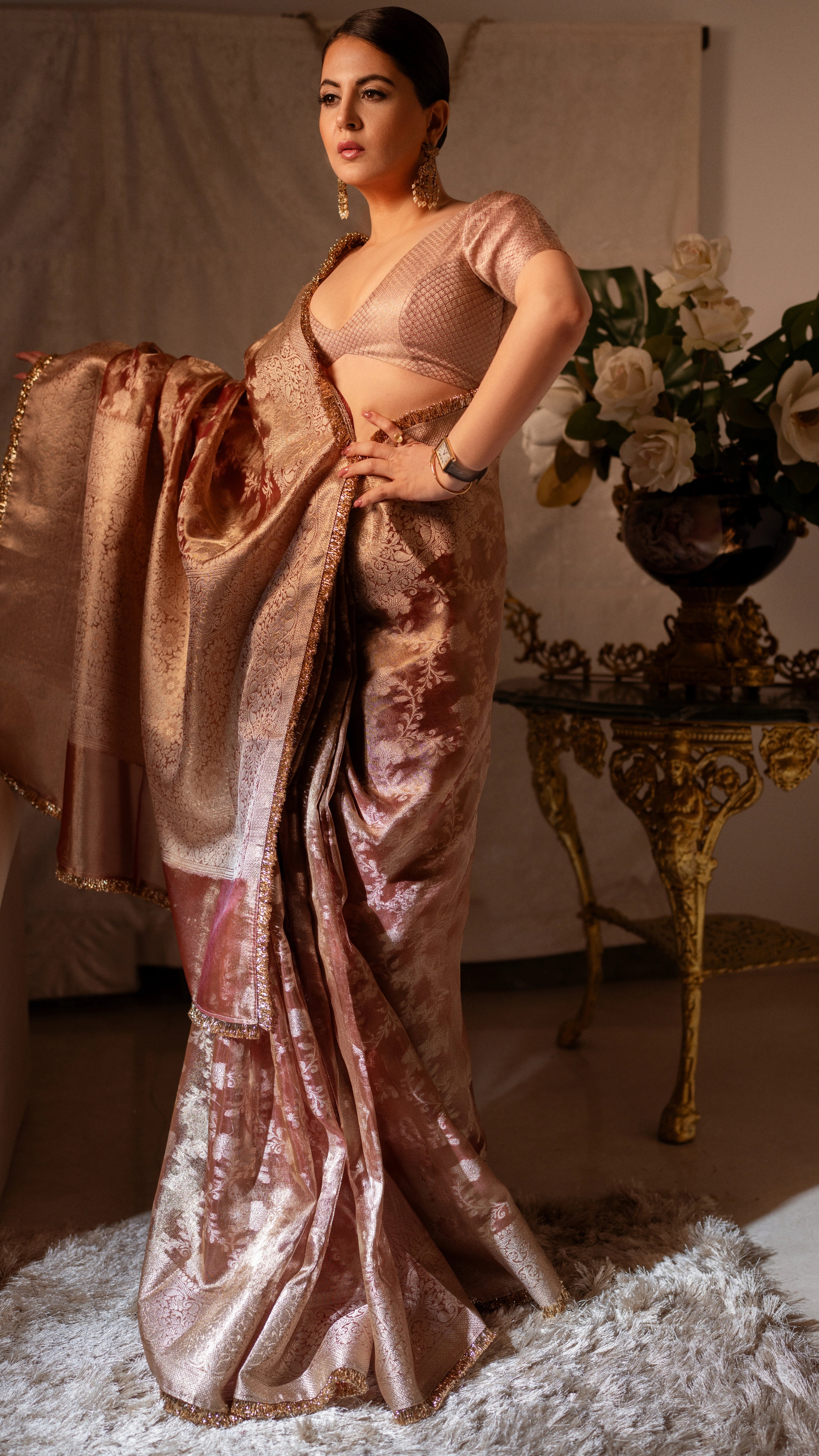 Orange Banarasi Silk Saree with Pure Gold Zari Floral Weaving and Matching Checked Blouse