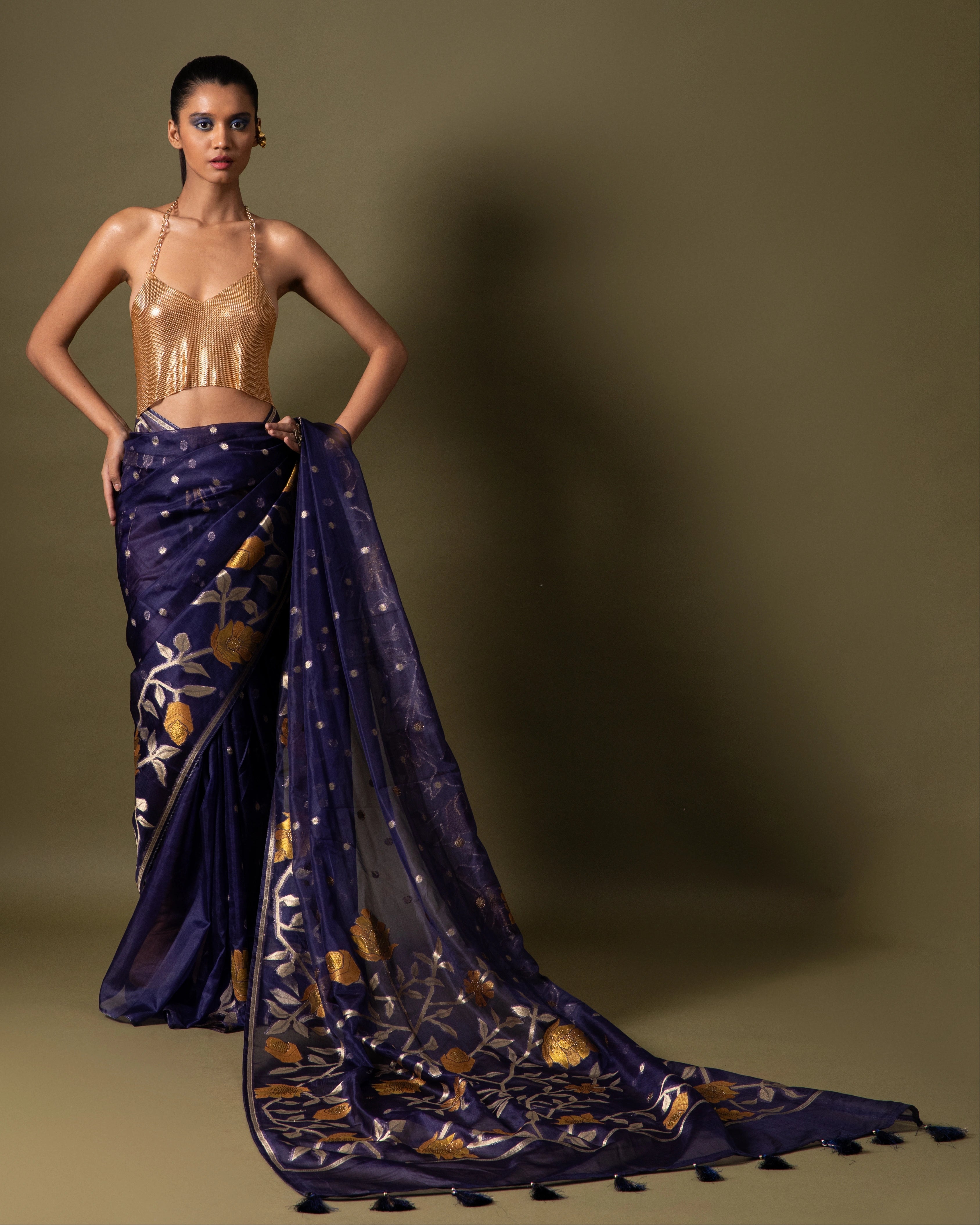 Royal Blue Silk Saree with Georgette Gold Motifs and Metallic Blouse