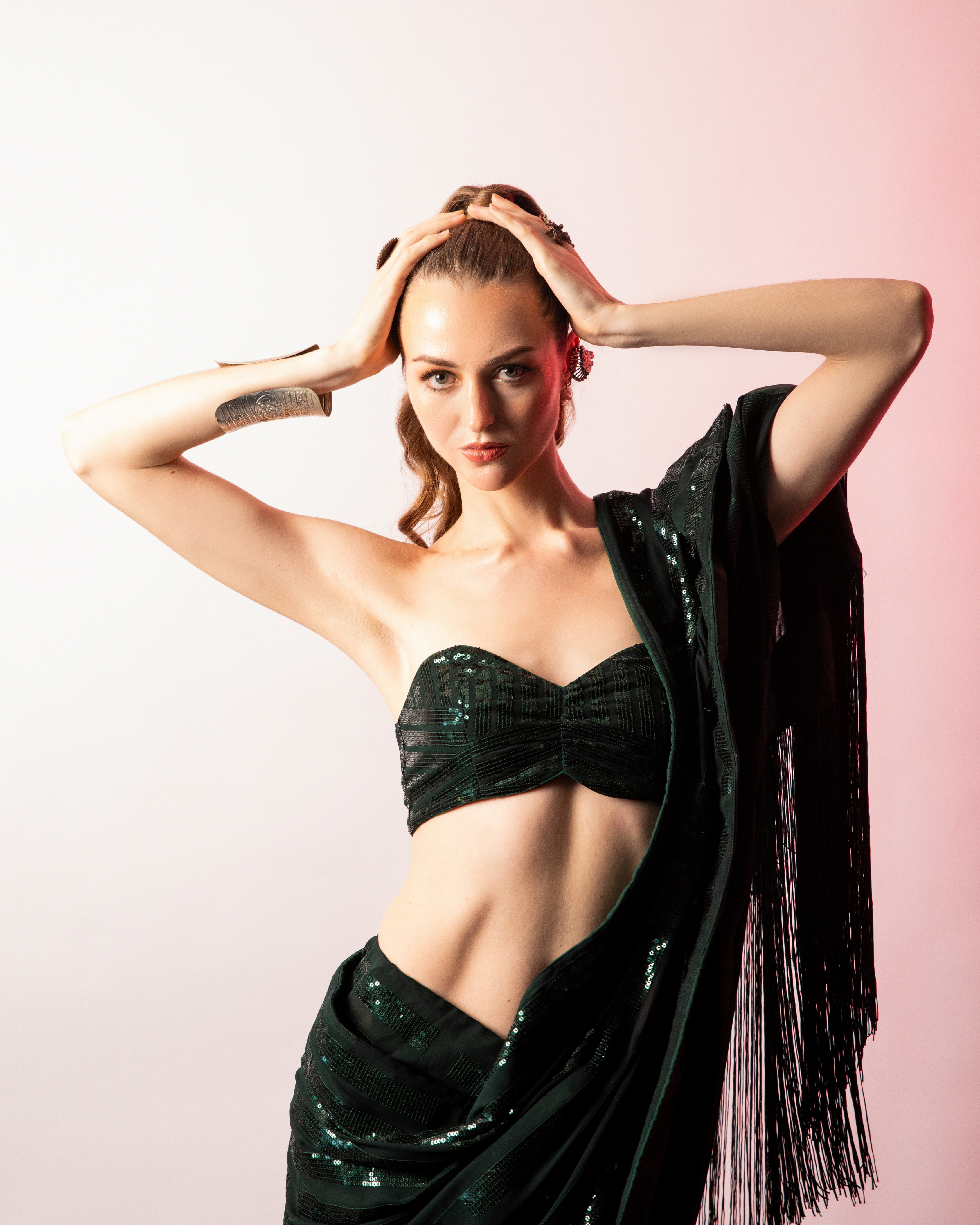 Green Georgette Sequin Stripes Saree with Fringe Pallu and Matching Sequin Blouse