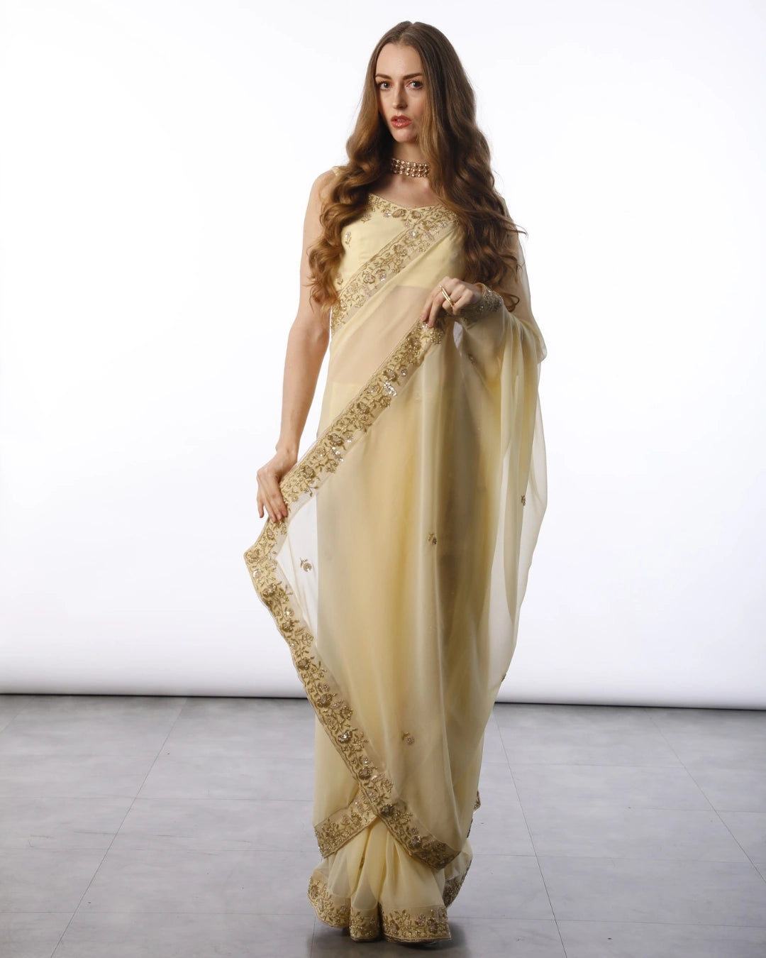 Yellow Hand Embroidered Georgette Saree and Matching Floral Embroidered Blouse