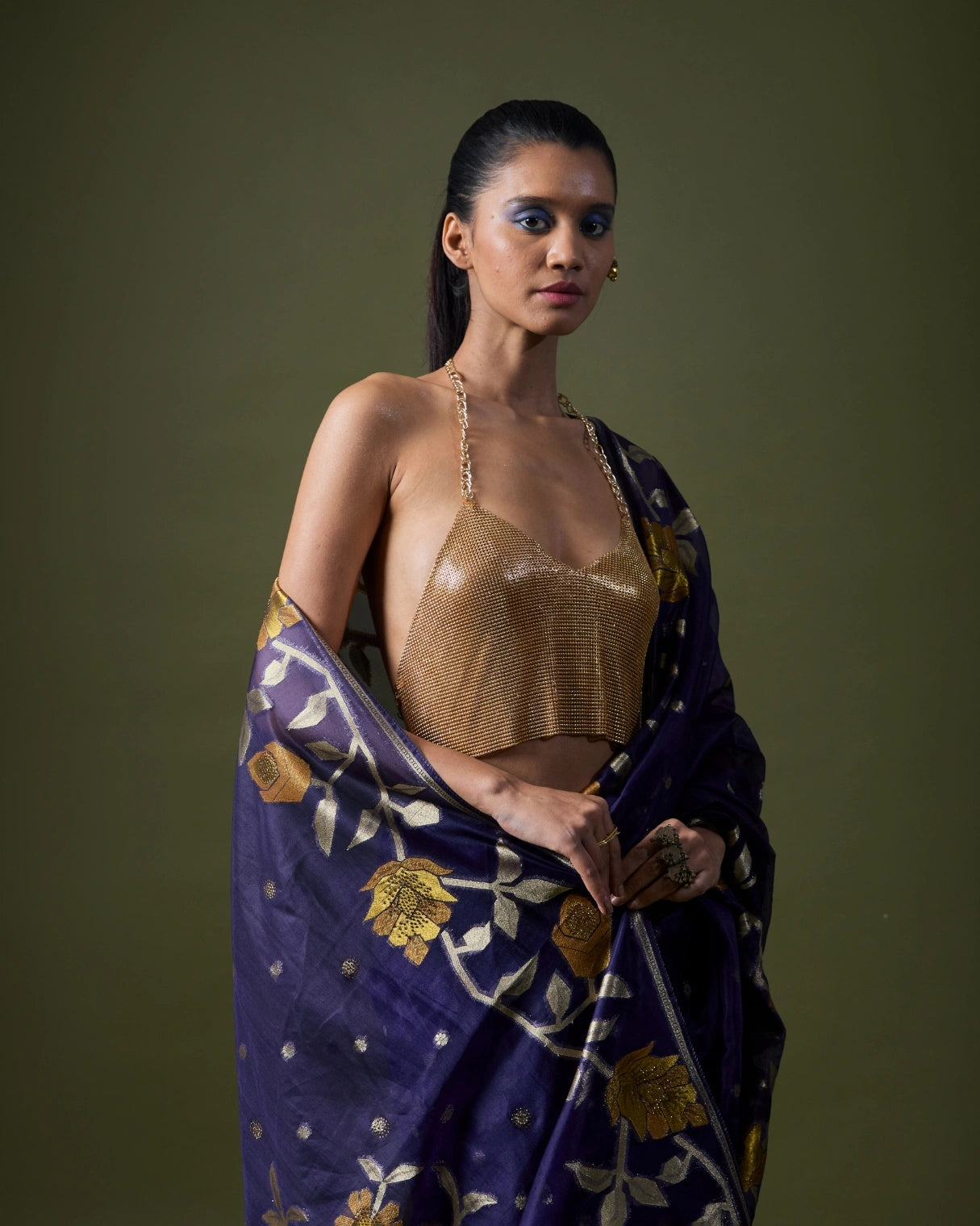 Royal Blue Silk Saree with Georgette Gold Motifs and Metallic Blouse