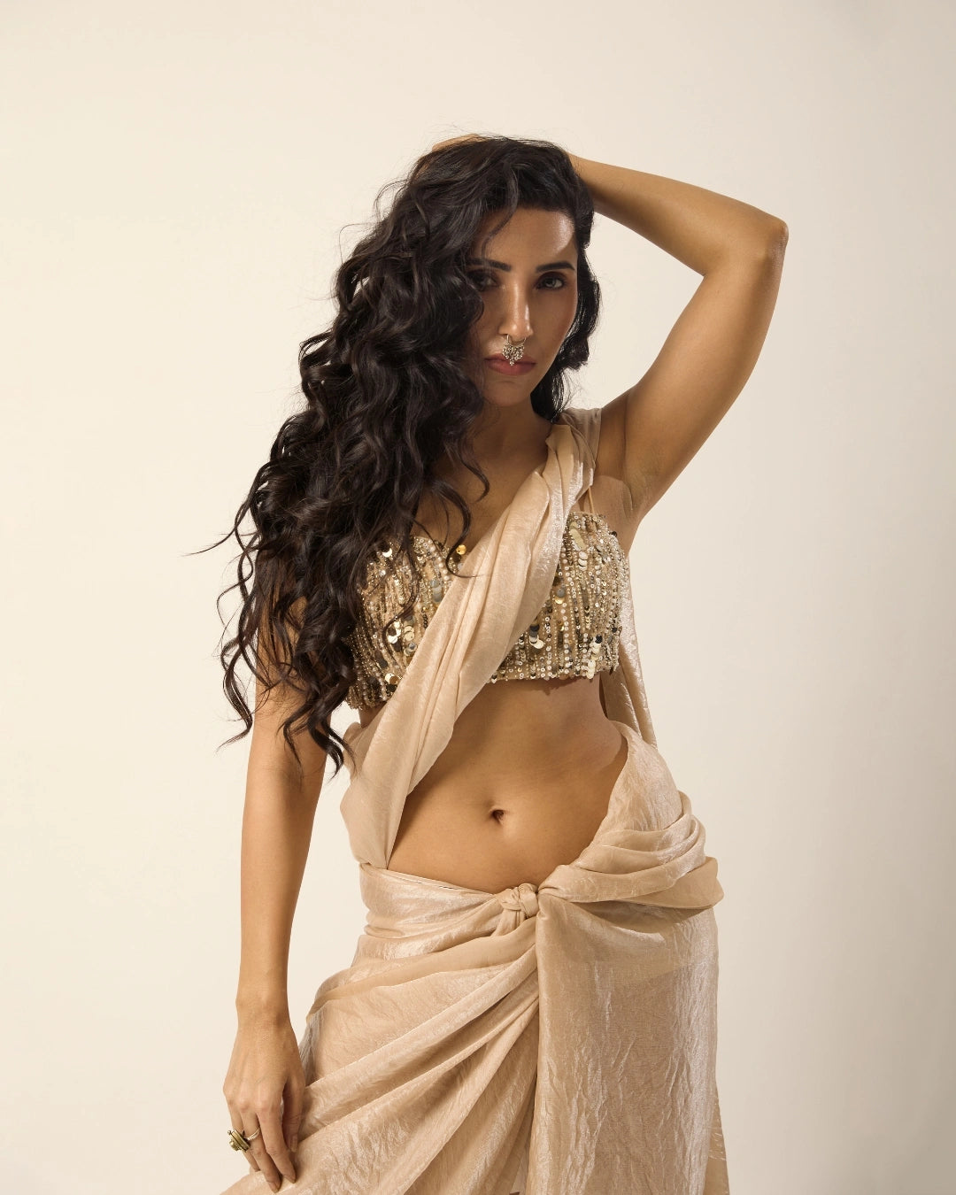 Champagne Semi Silk Saree with Hand-Embroidered Strapless Sequins Blouse