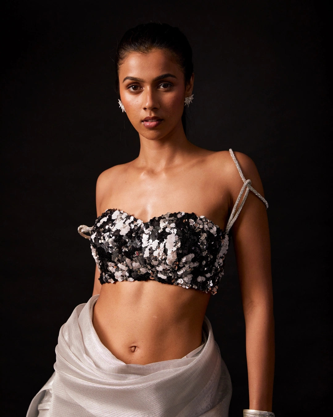 Black Floral Strap-Detailed Sequin Blouse