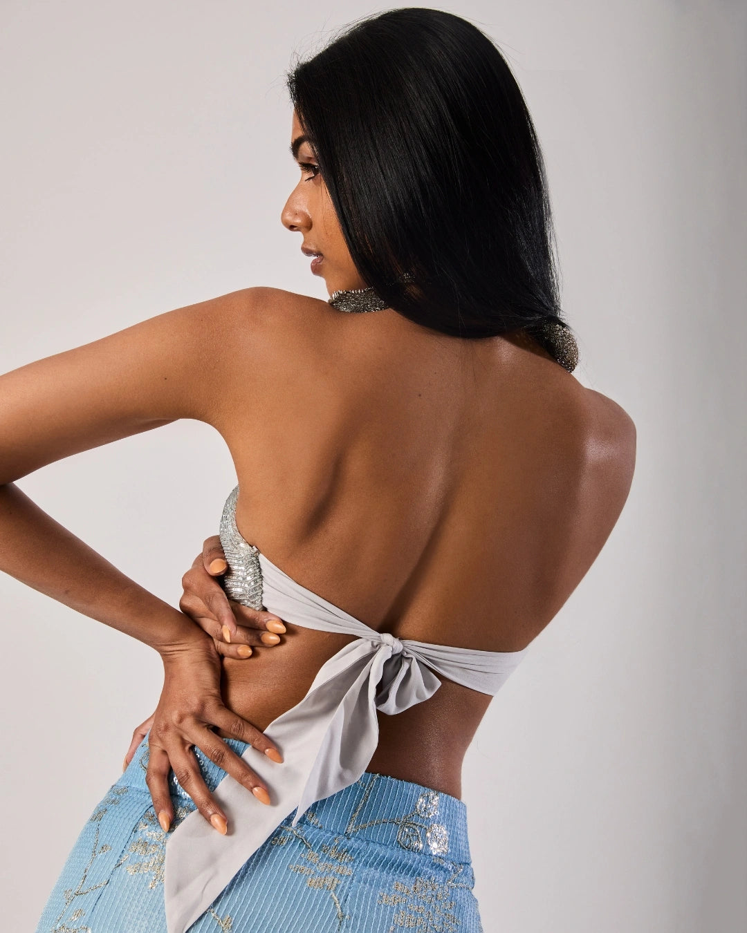 Silver Georgette Sequin Bandeau Blouse