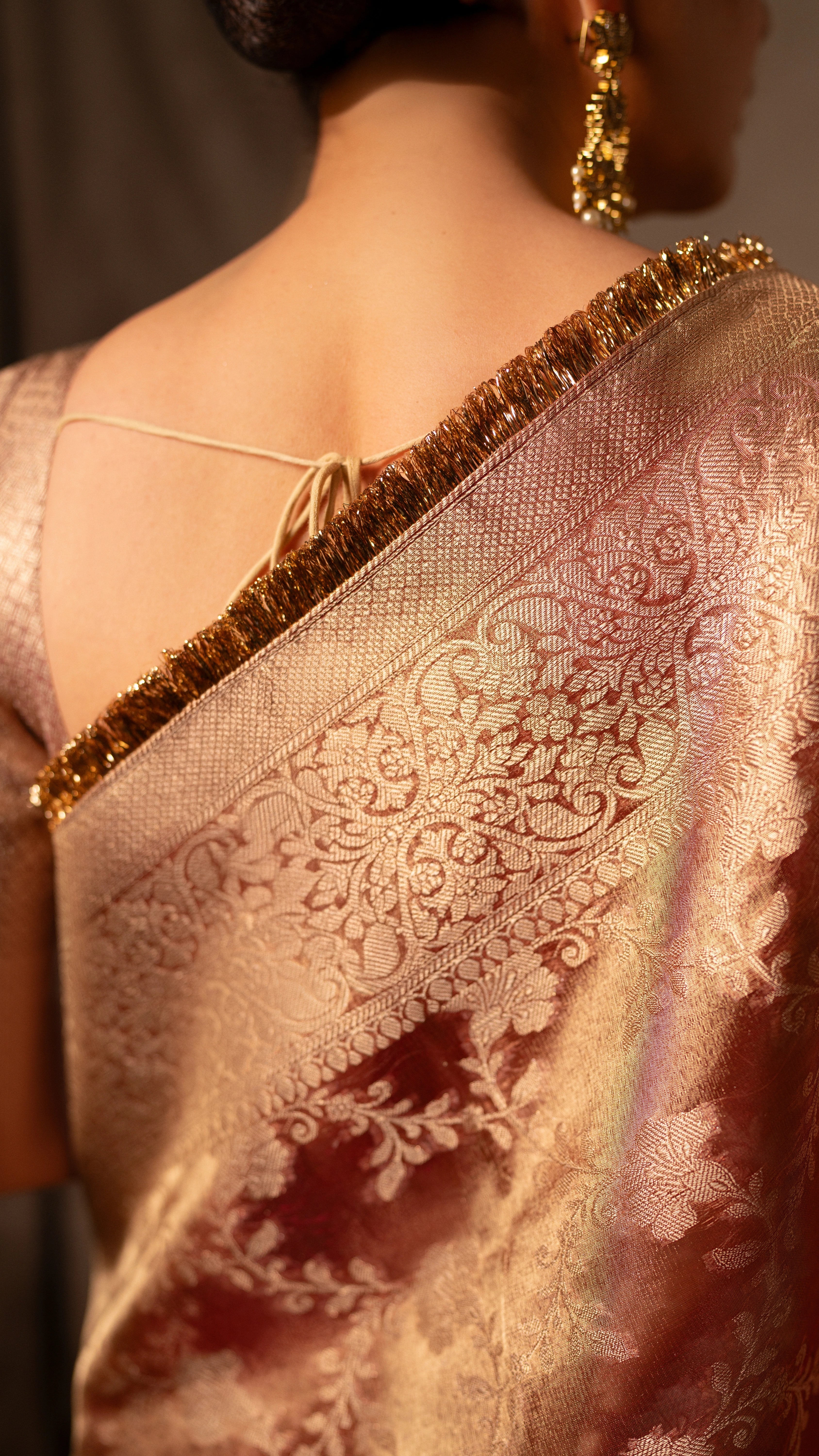 Orange Banarasi Silk Saree with Pure Gold Zari Floral Weaving and Matching Checked Blouse