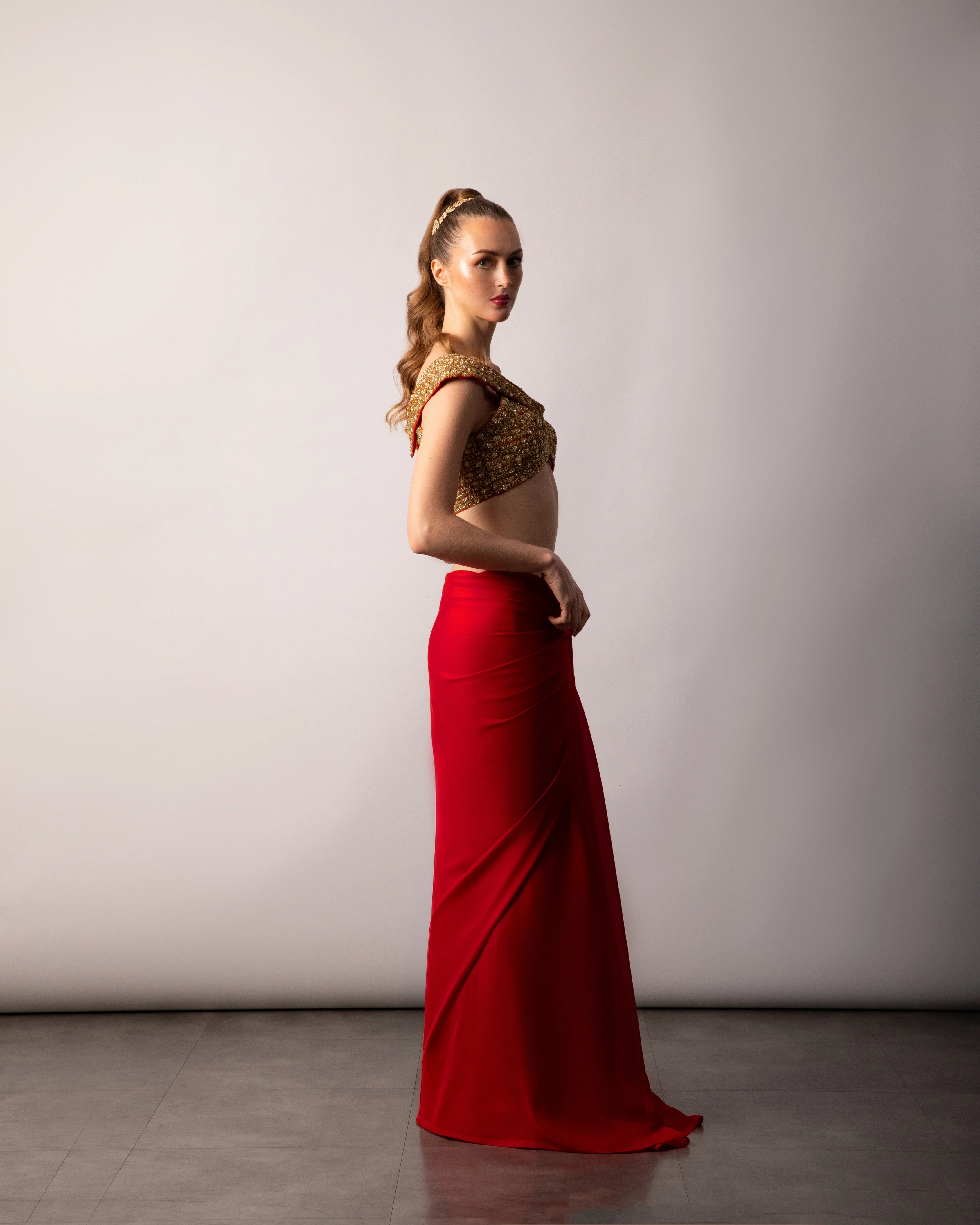 Red Semi Silk Saree Set with Gold Zari Sequin Blouse