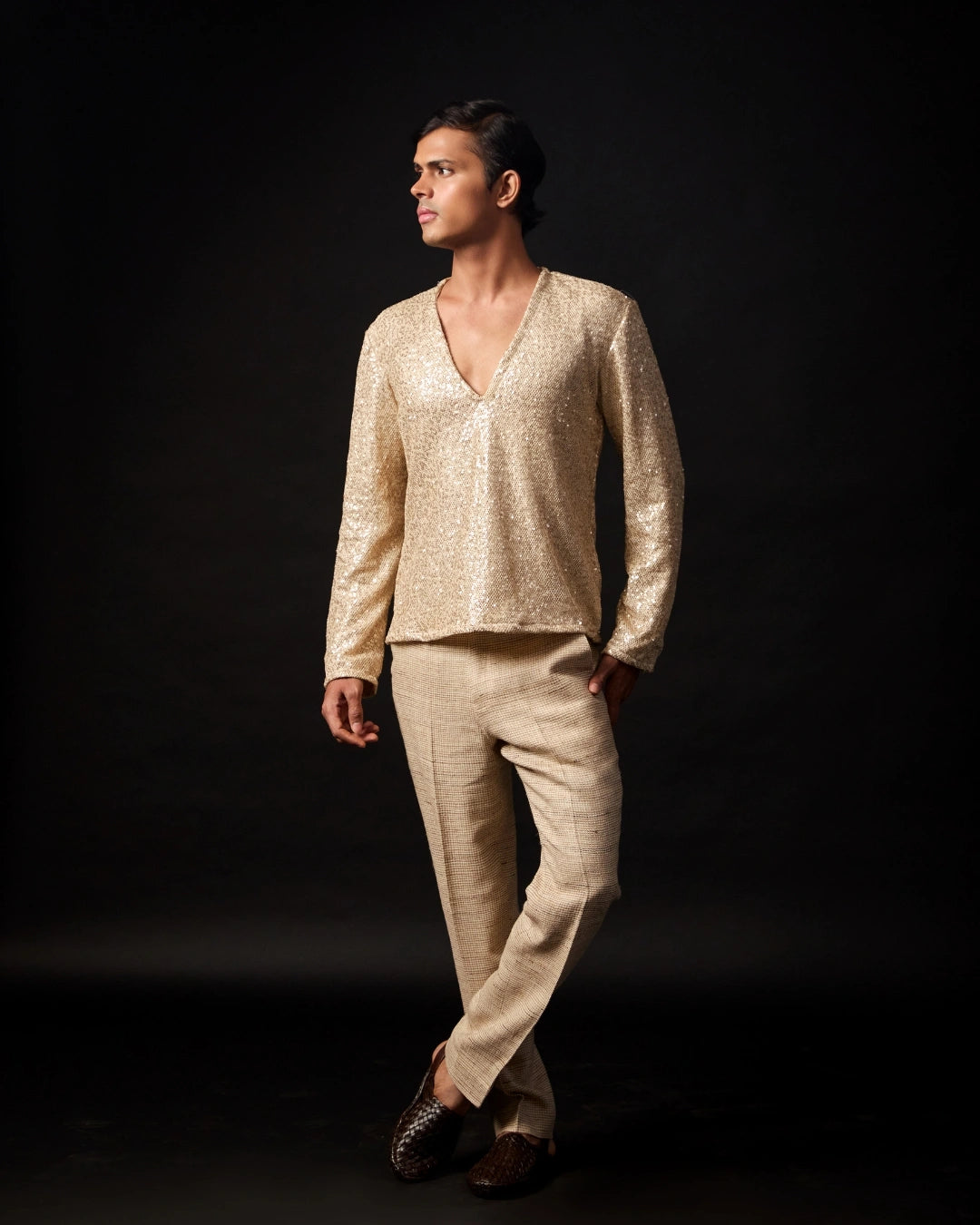 Gold Sequin Deep V-Neck Short Kurta with Jute Tailored Straight-Fit Pants