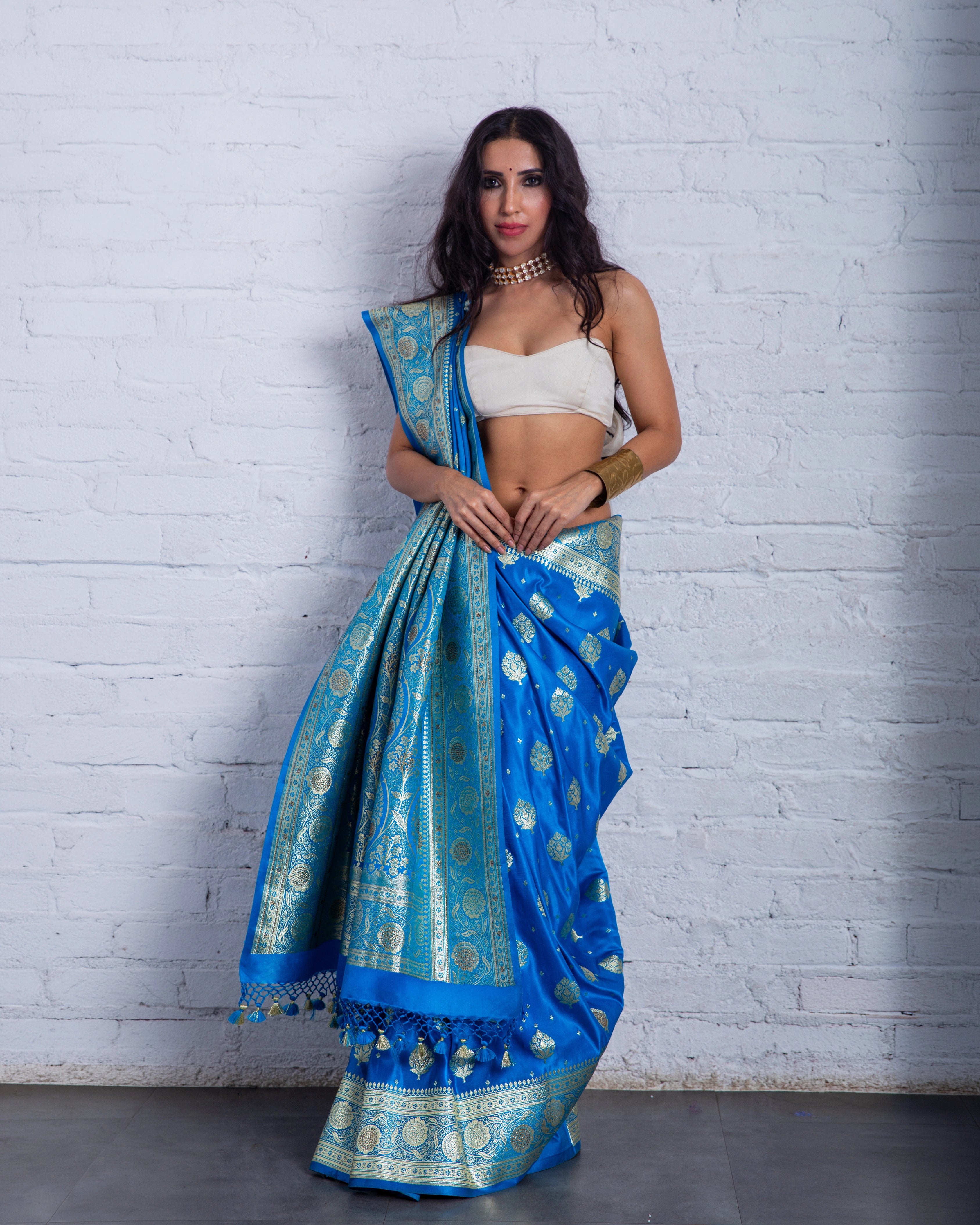 Blue Banarasi Silk Saree with Floral Zari Design and Plain White Blouse