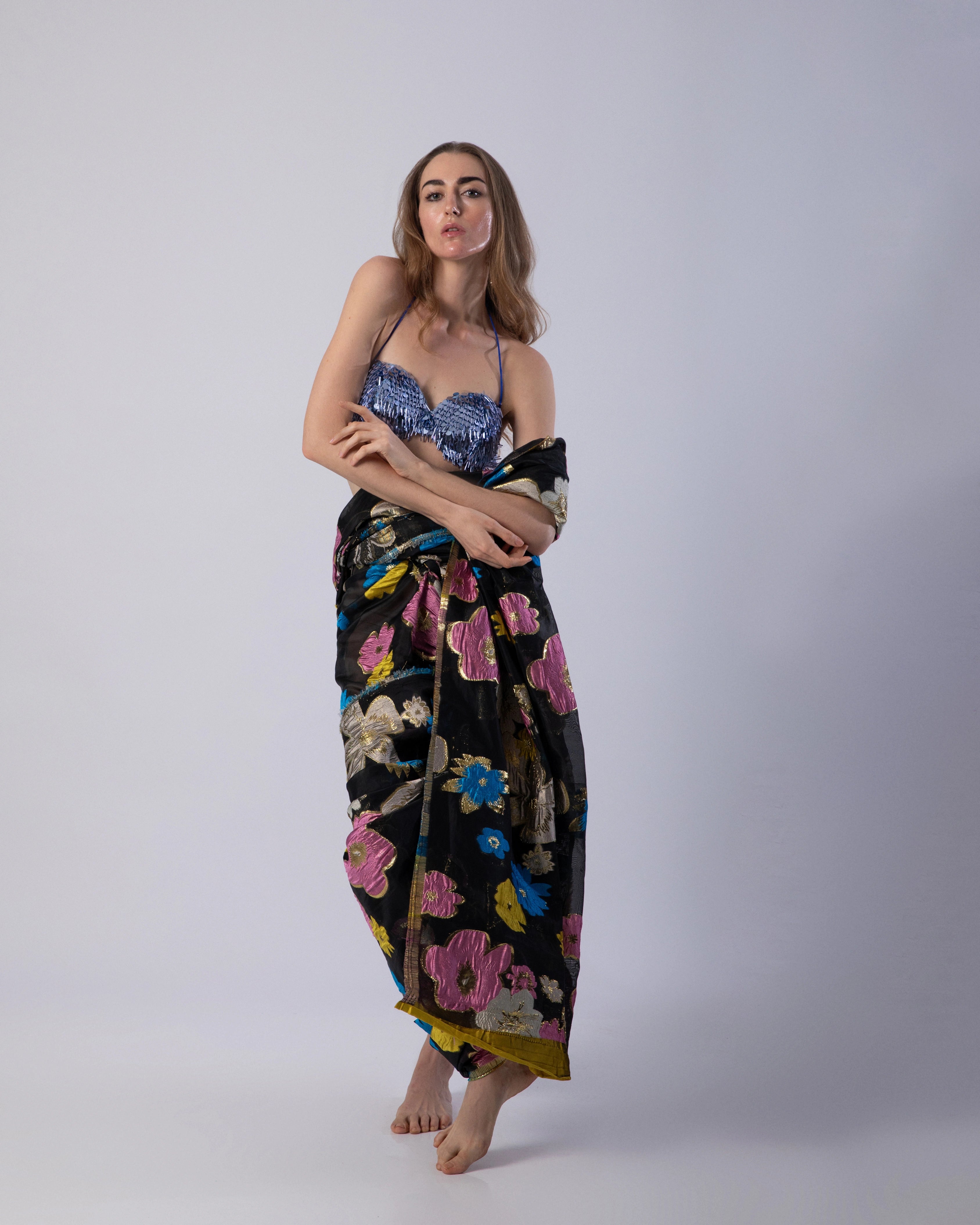 Black Multicolor Floral Silk Saree with Handwoven Brocade Motifs and Fringe-Detail Blouse