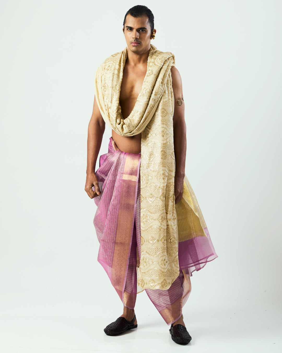 Baby Pink Tissue Draped Dhoti with Gold Border and Ivory Dupatta