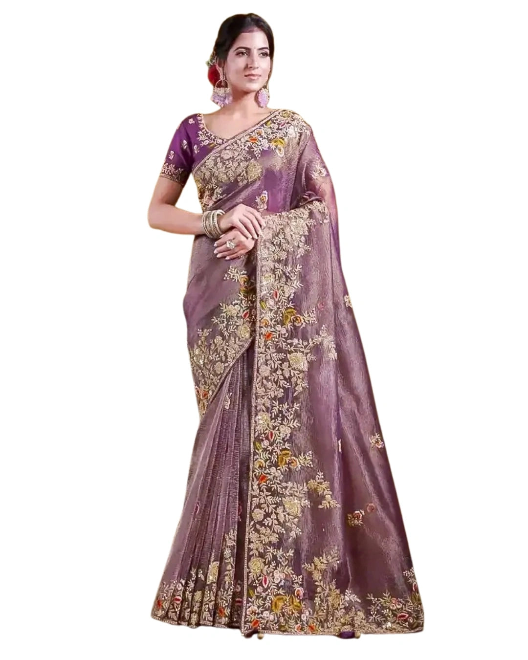 Purple Silk Saree with Embroidery Pallu Borders Design and Matching Embroidery Blouse