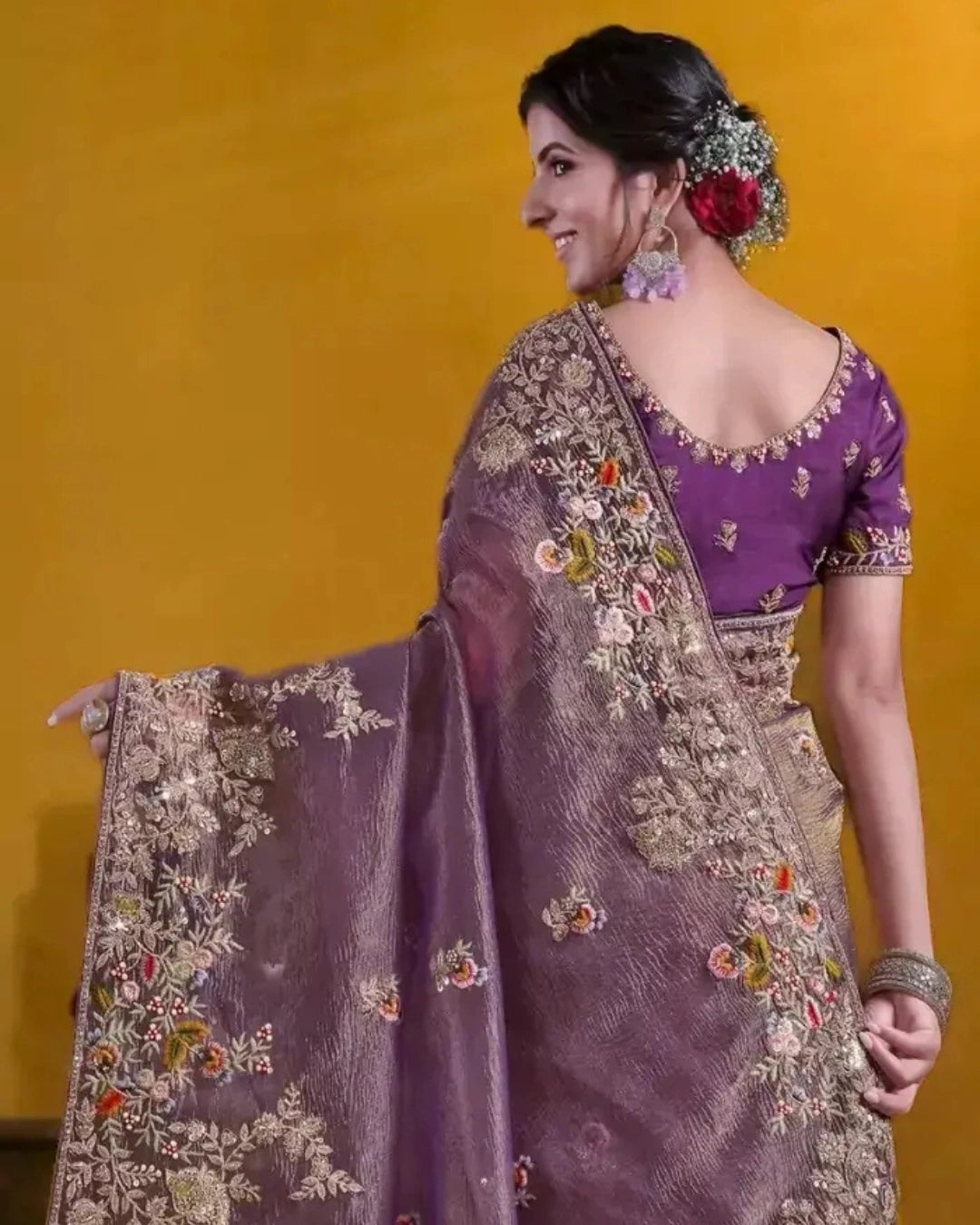 Purple Silk Saree with Embroidery Pallu Borders Design and Matching Embroidery Blouse