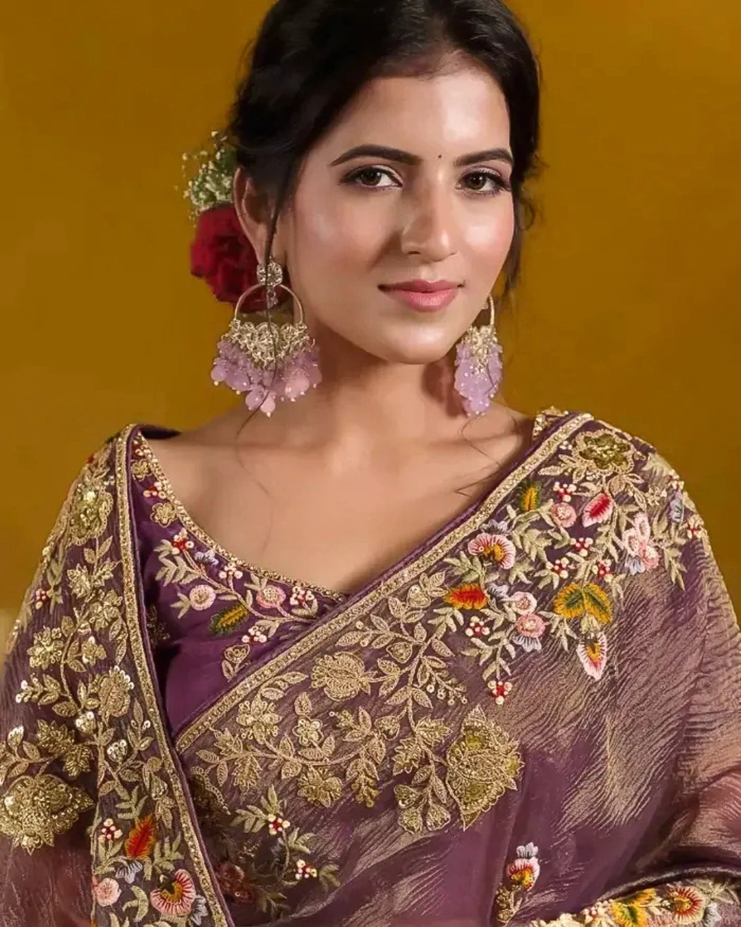 Purple Silk Saree with Embroidery Pallu Borders Design and Matching Embroidery Blouse