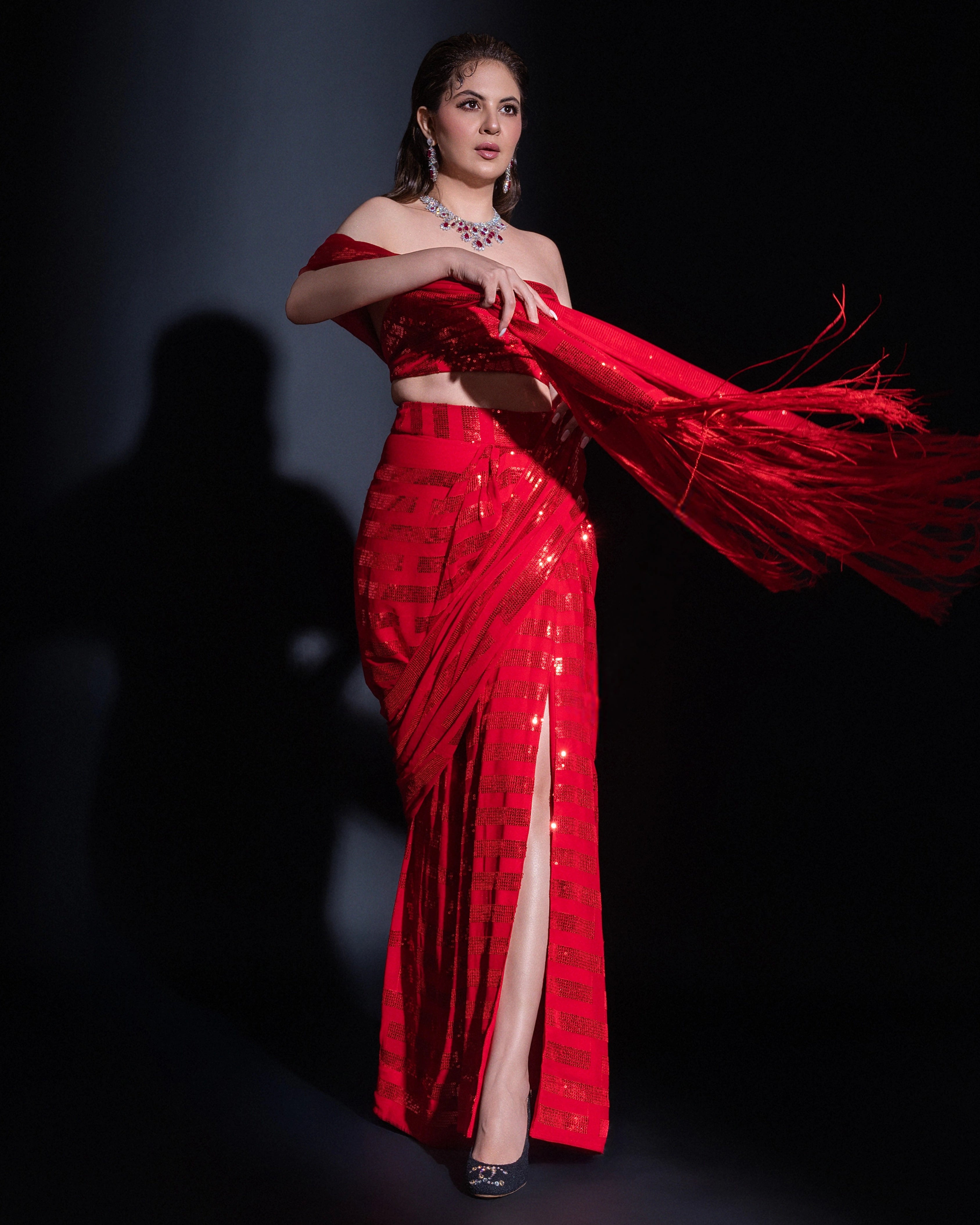 Crimson Red Georgette Sequin Per Drap Saree with Matching Blouse