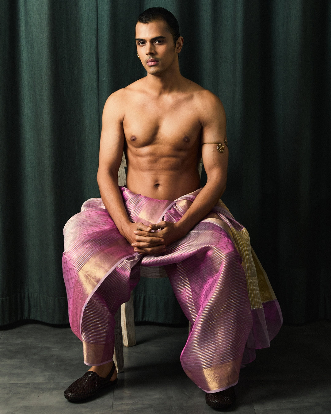 Baby Pink Tissue Draped Dhoti with Gold Border and Ivory Dupatta