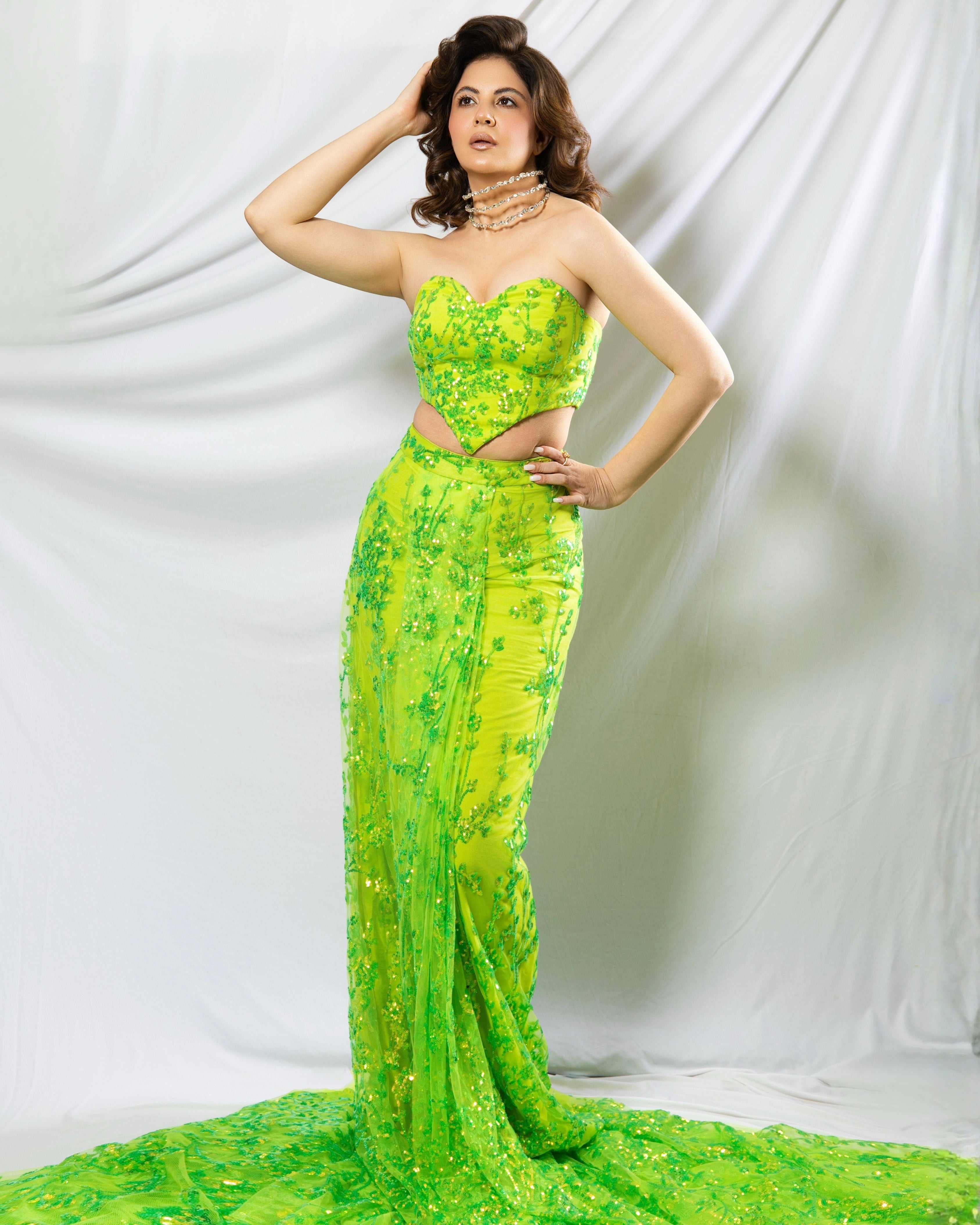 Fluorescent Green Sheza Pre-Draped Saree Co-ord Set by Label Nonita