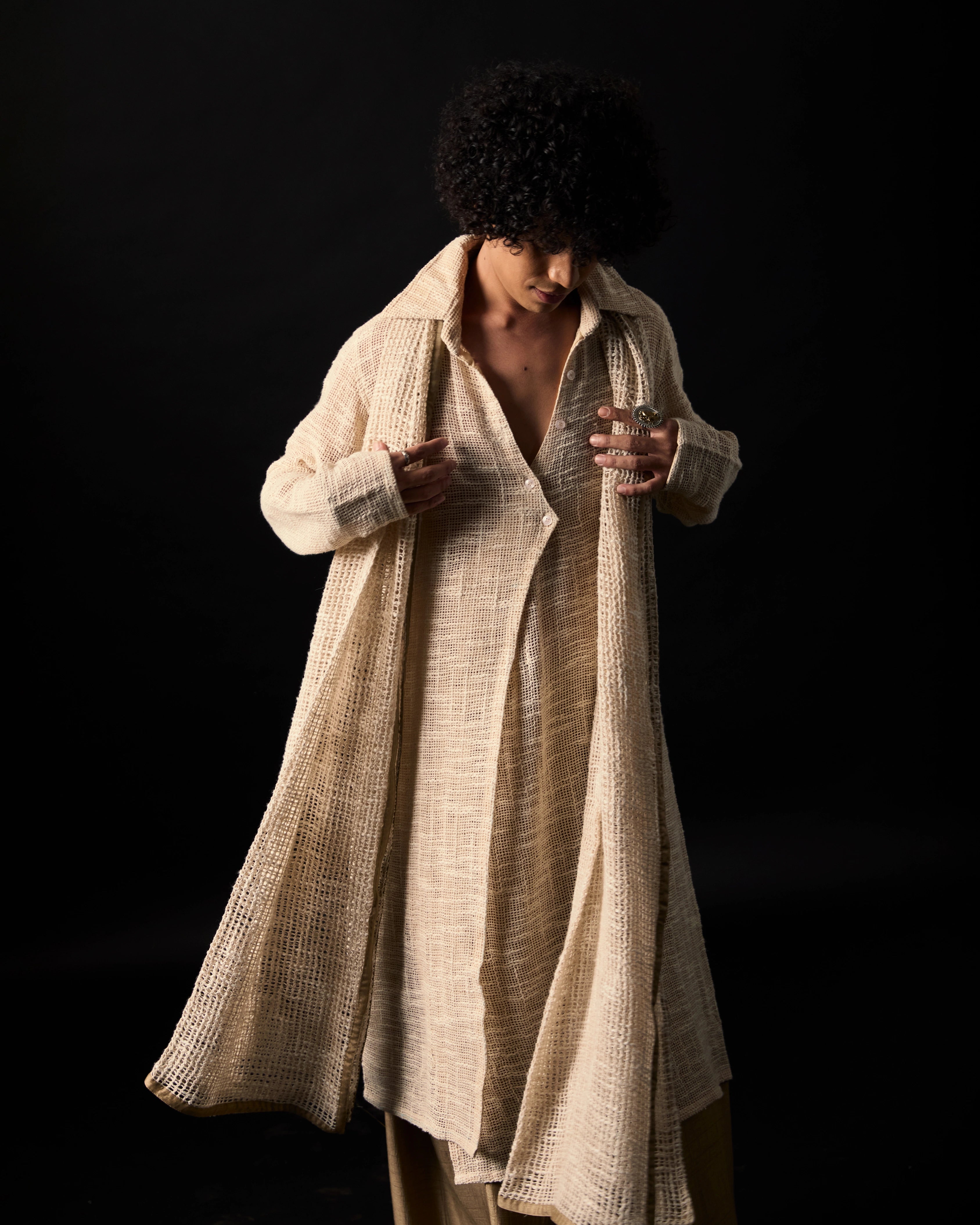 Nomad Long Kurta Set With Relaxed Pants And Long Knit Dupatta