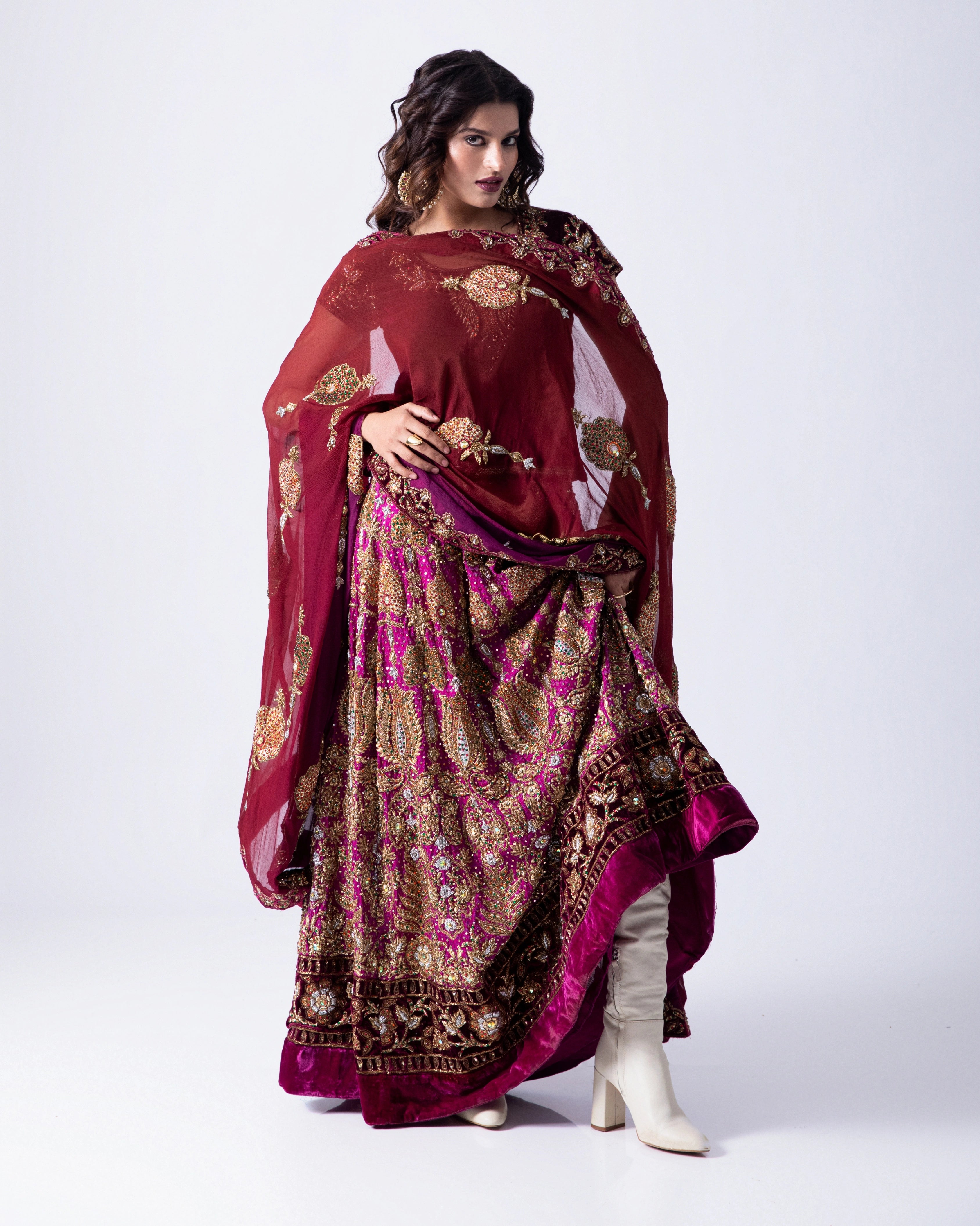 Maroon Georgette Heirloom Lehenga with a Embroidery Blouse and Dupatta