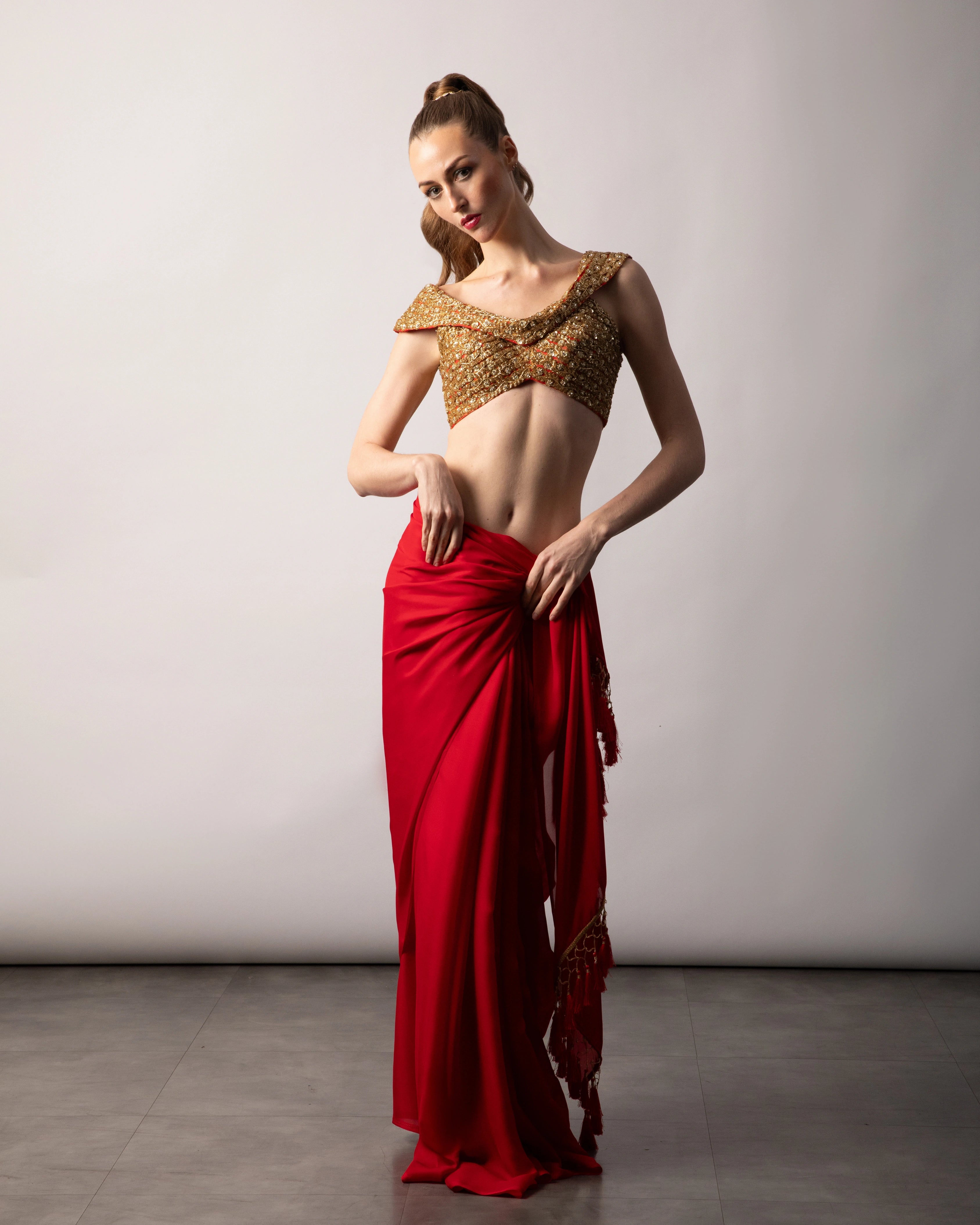 Red Semi Silk Saree Set with Gold Zari Sequin Blouse