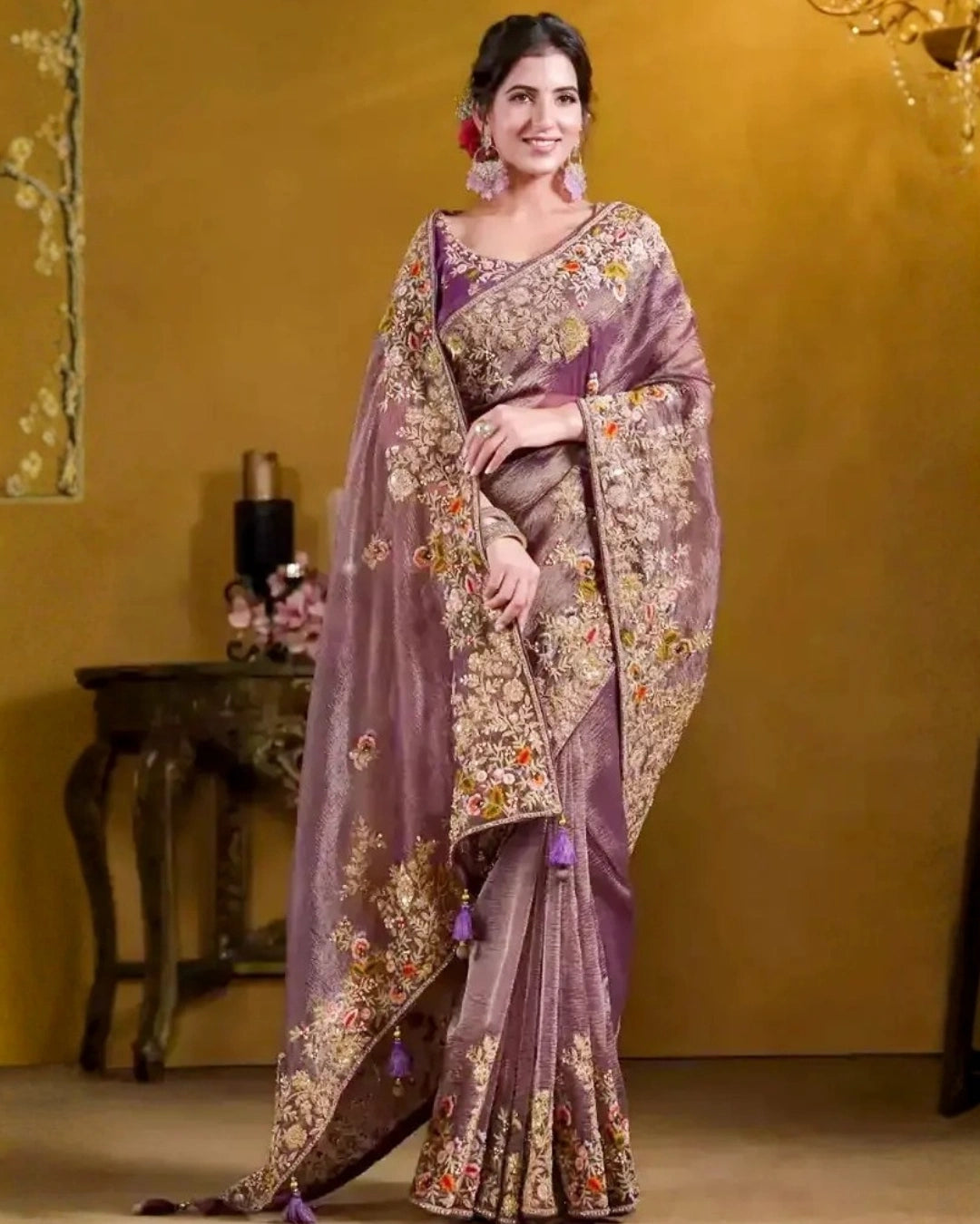 Purple Silk Saree with Embroidery Pallu Borders Design and Matching Embroidery Blouse