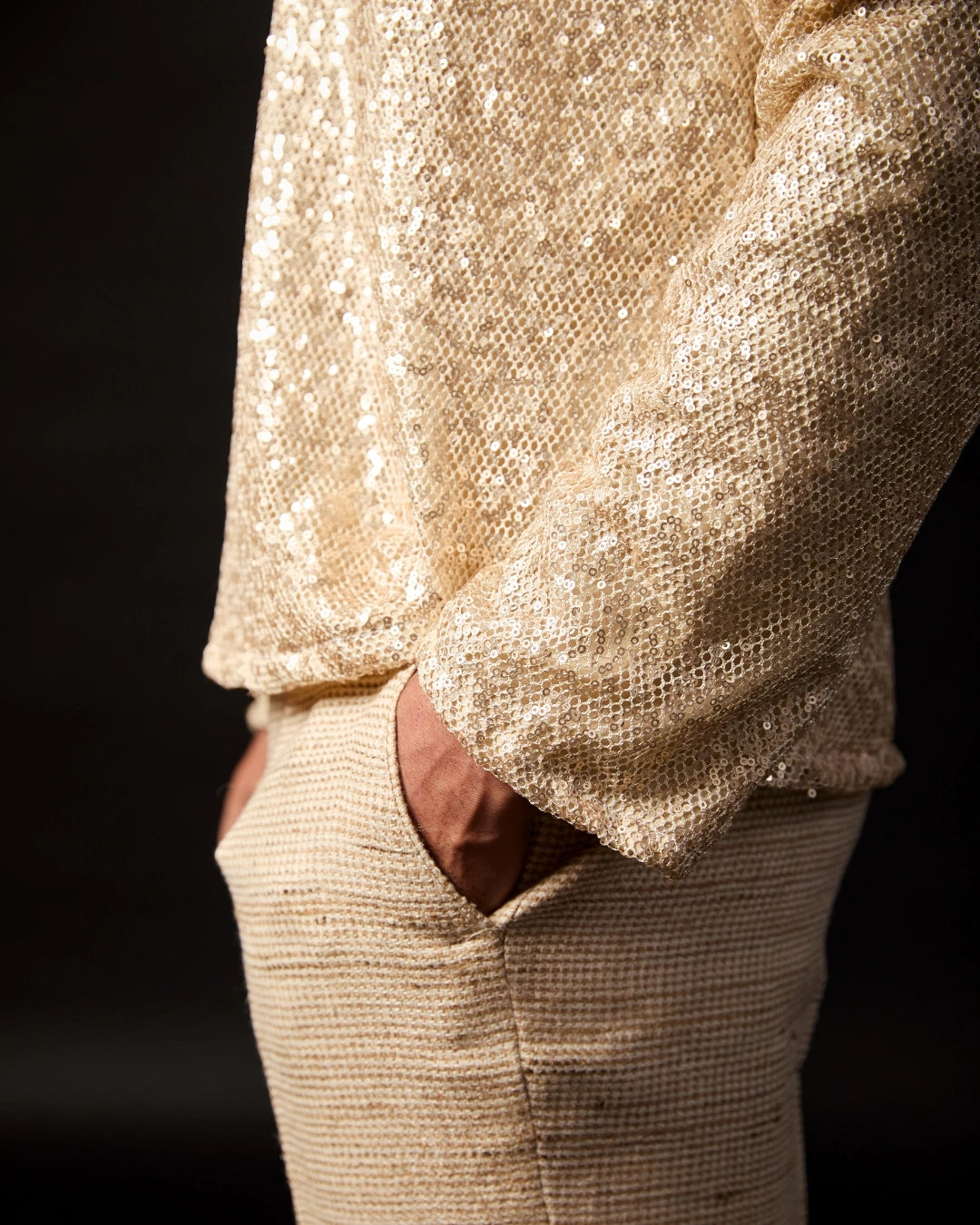 Gold Sequin Deep V-Neck Short Kurta with Jute Tailored Straight-Fit Pants