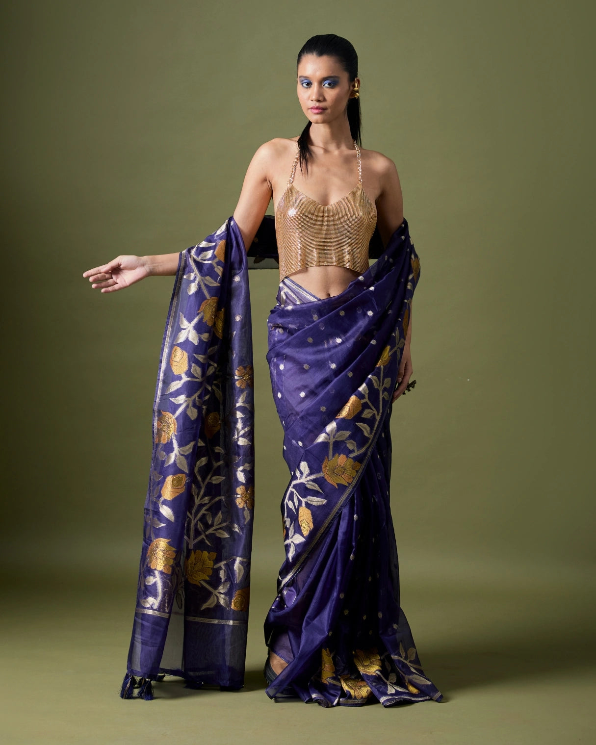 Royal Blue Silk Saree with Georgette Gold Motifs and Metallic Blouse