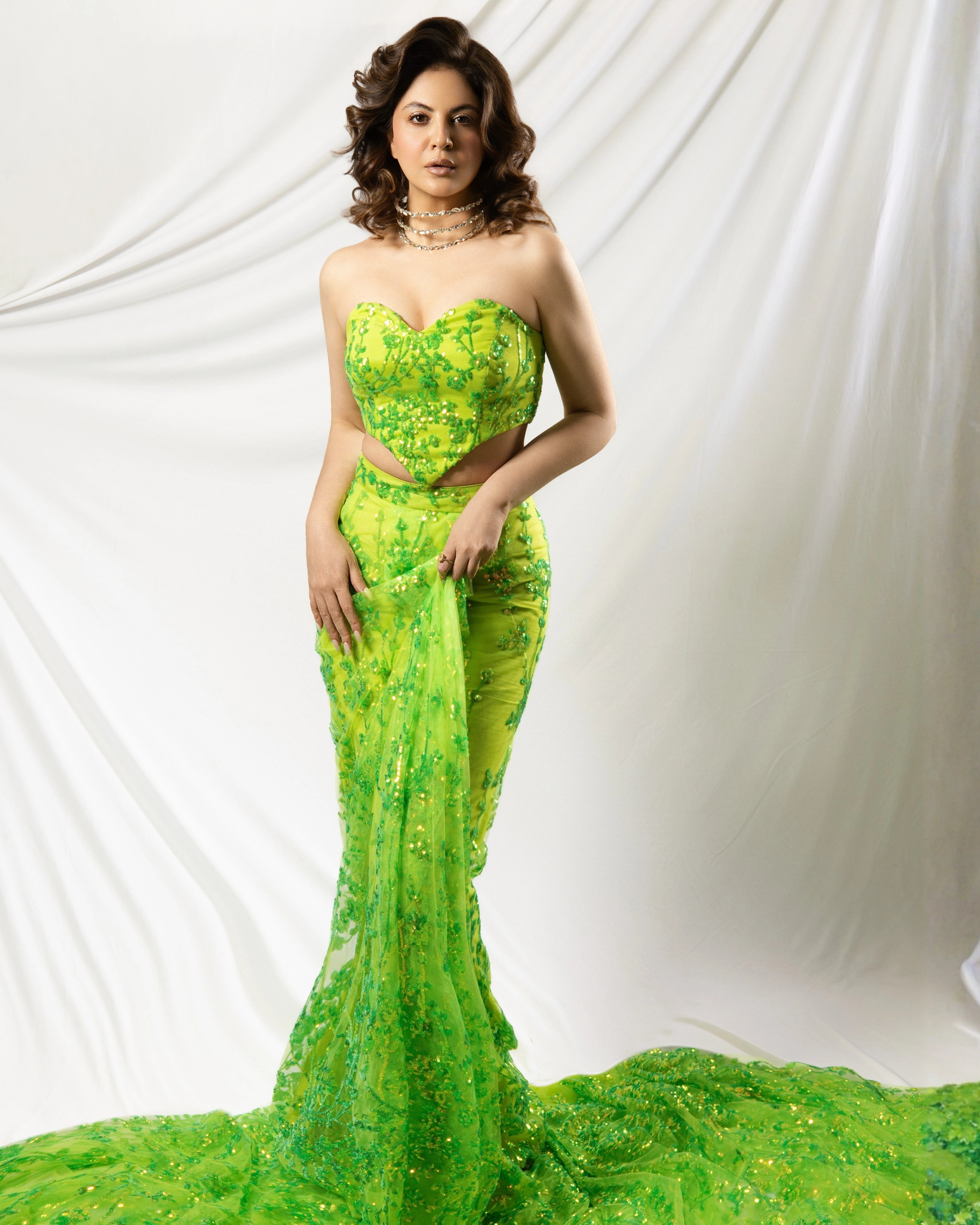 Fluorescent Green Sheza Pre-Draped Saree Co-ord Set by Label Nonita