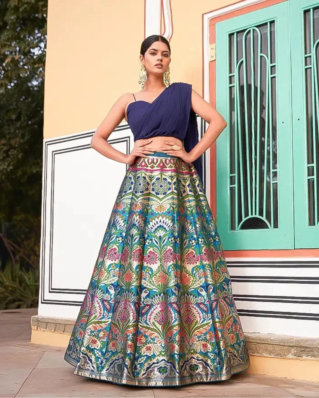Blue Banarasi Silk Lehenga with Brocade Pattern & Net Dupatta