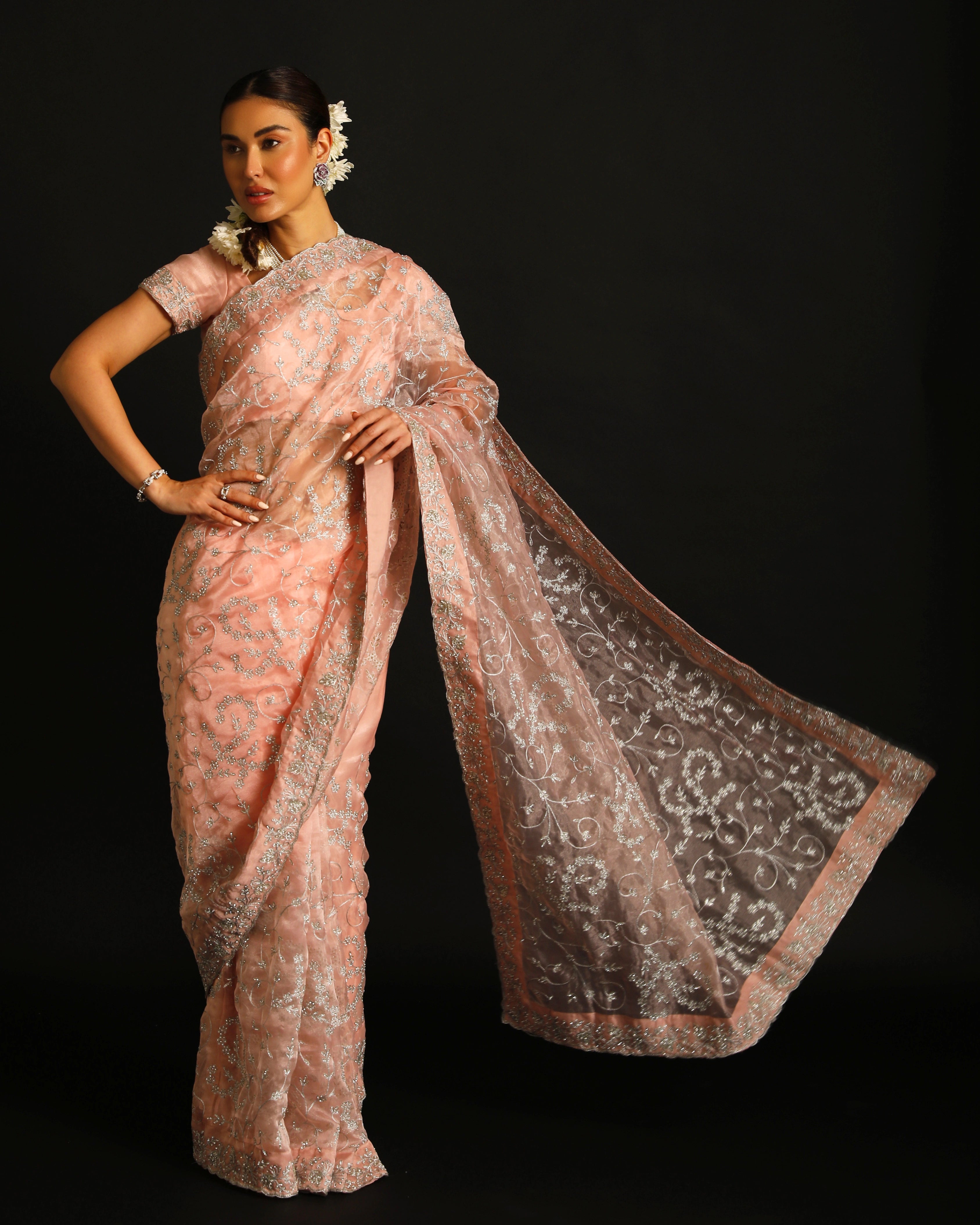 Blush Pink Organza Silk Saree with All-Over Hand Embroidered Silver Floral Jaal