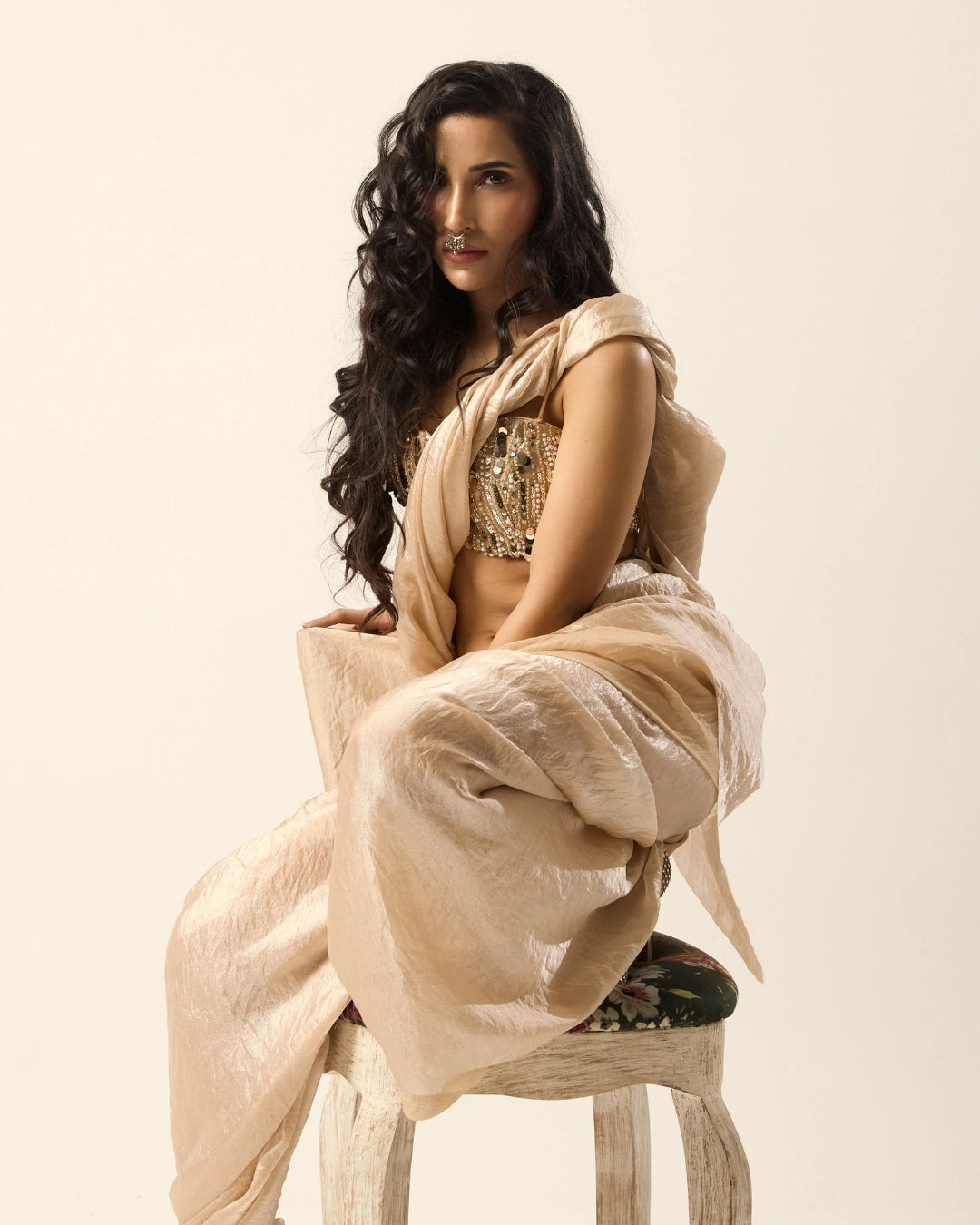 Champagne Semi Silk Saree with Hand-Embroidered Strapless Sequins Blouse