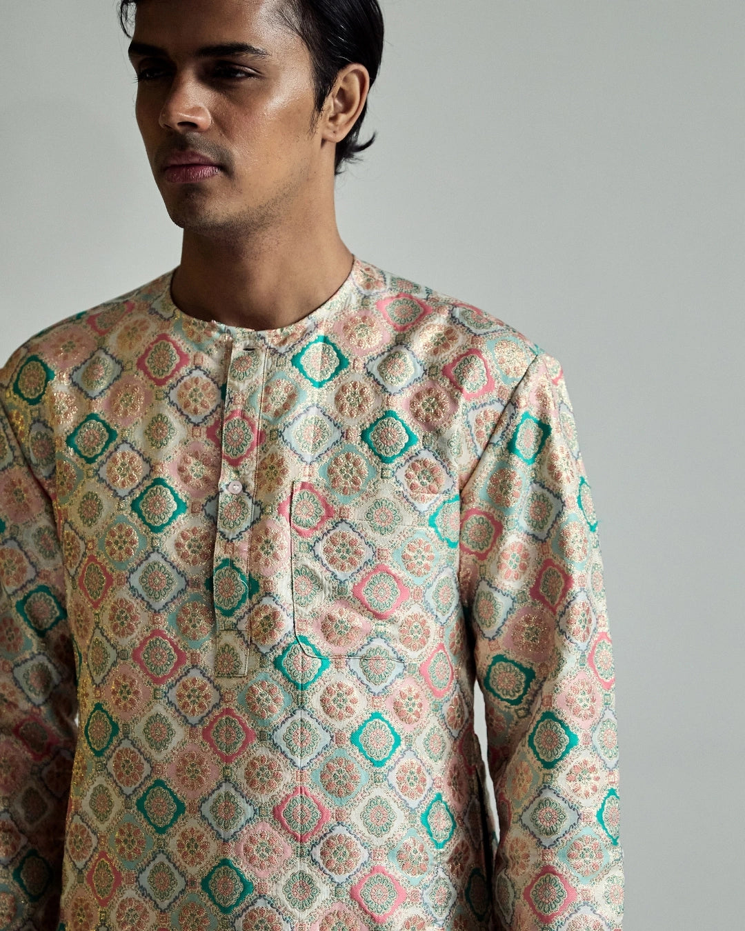 Pastel Brocade Kurta Set with Silk Straight Trousers