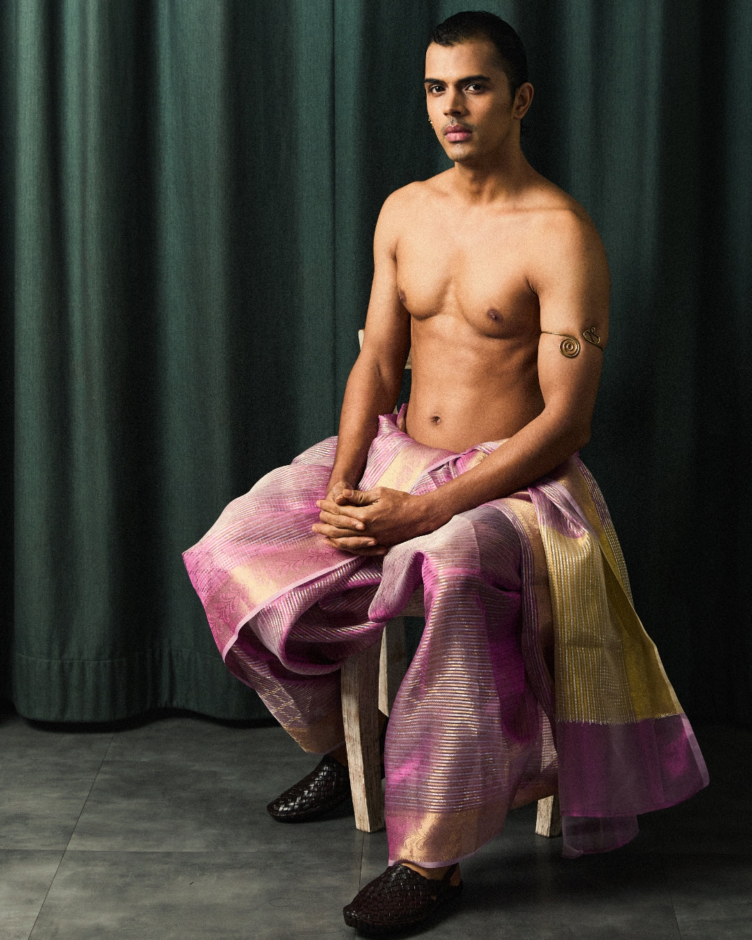 Baby Pink Tissue Draped Dhoti with Gold Border and Ivory Dupatta