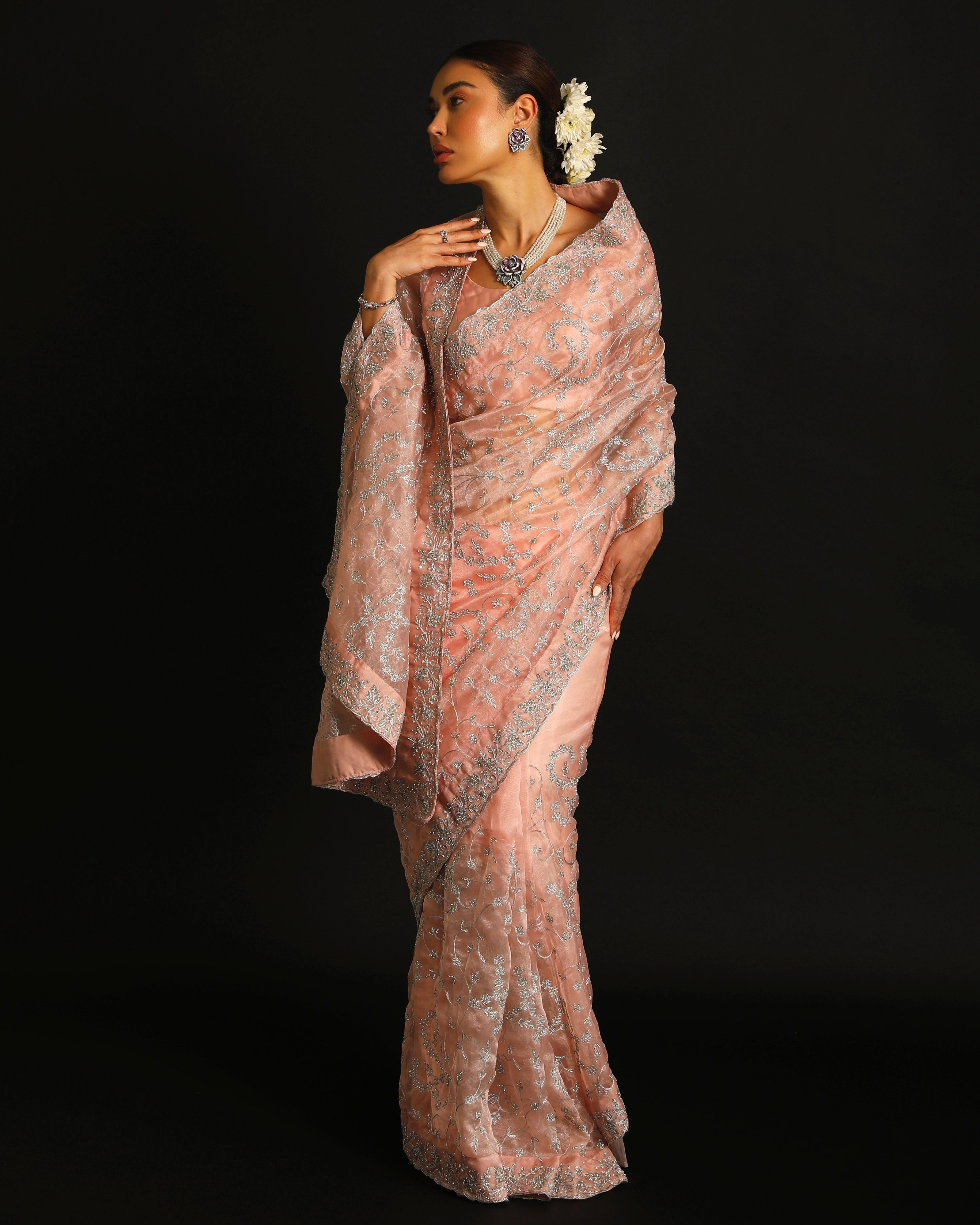 Blush Pink Organza Silk Saree with All-Over Hand Embroidered Silver Floral Jaal
