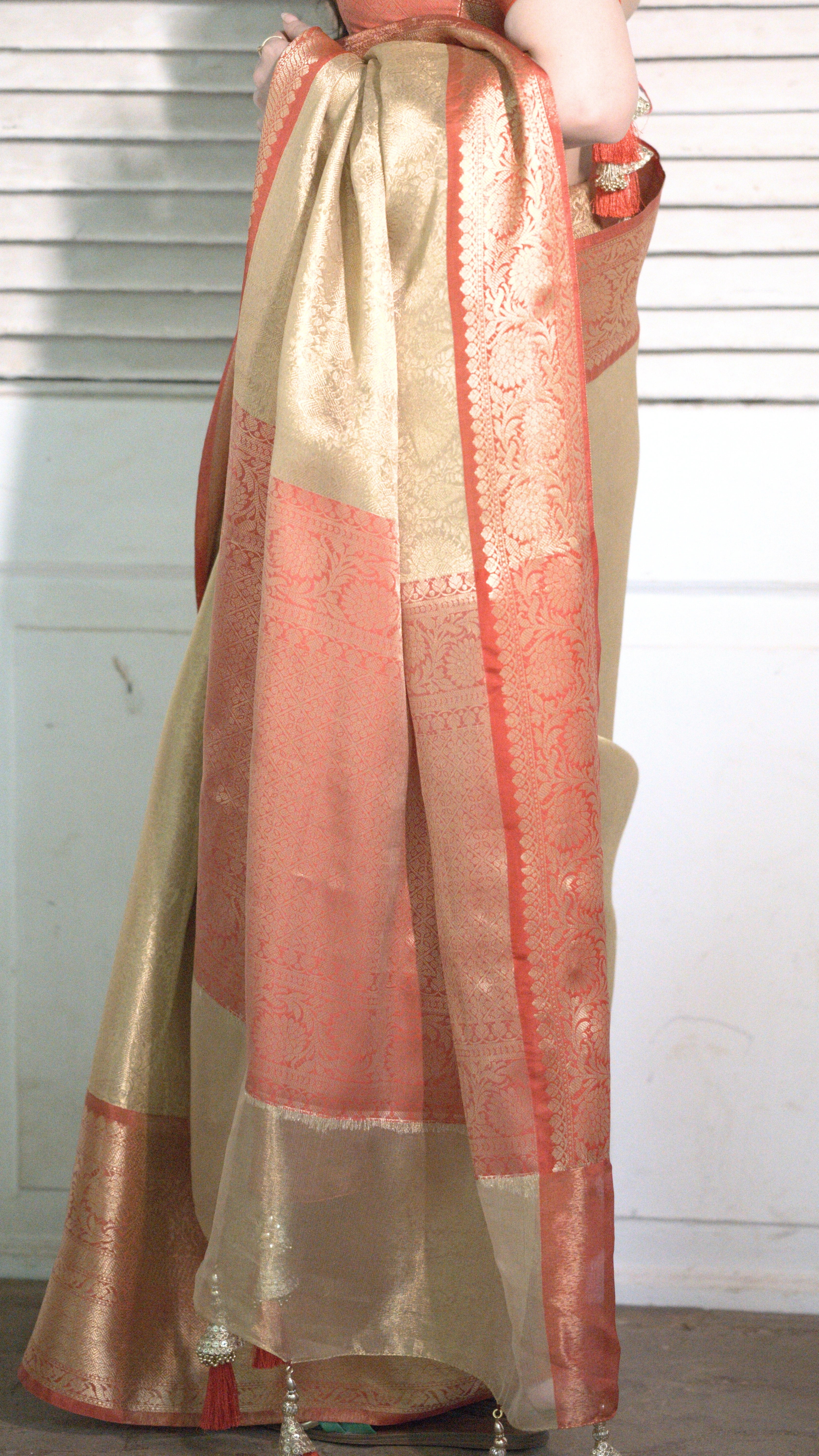 Gold Pure Banarasi Silk Saree with Orange Zari Border and Contrast Orange Blouse