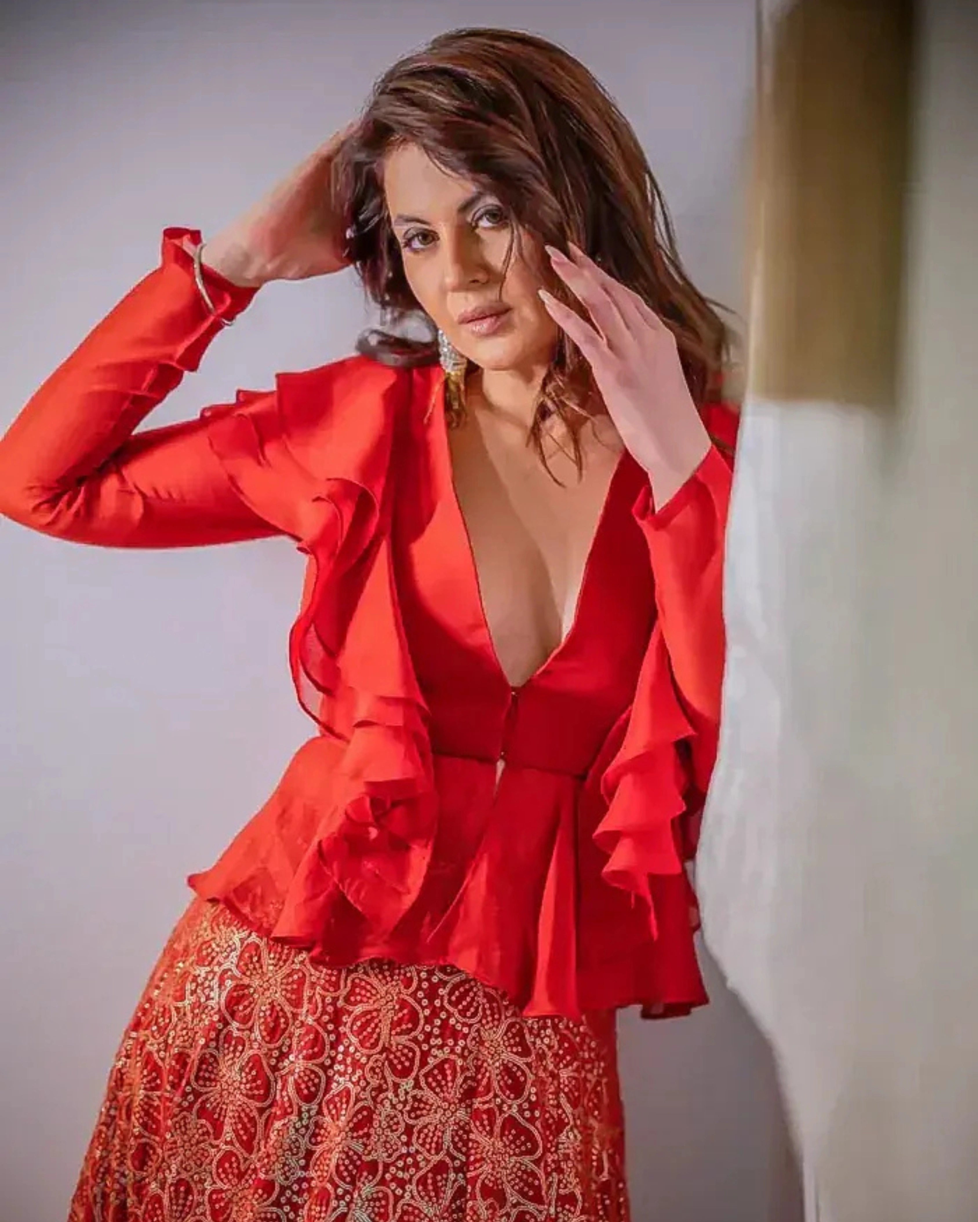 Shez Embroidered Red Designer Lehenga Set with Ruffle Blouse – Multi-Occasion Indo-Western Fusion Wear Label Nonita