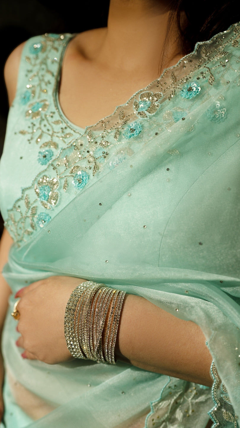 Sky Blue Hand Embroidered Saree and Matching Floral Embroidered Blouse