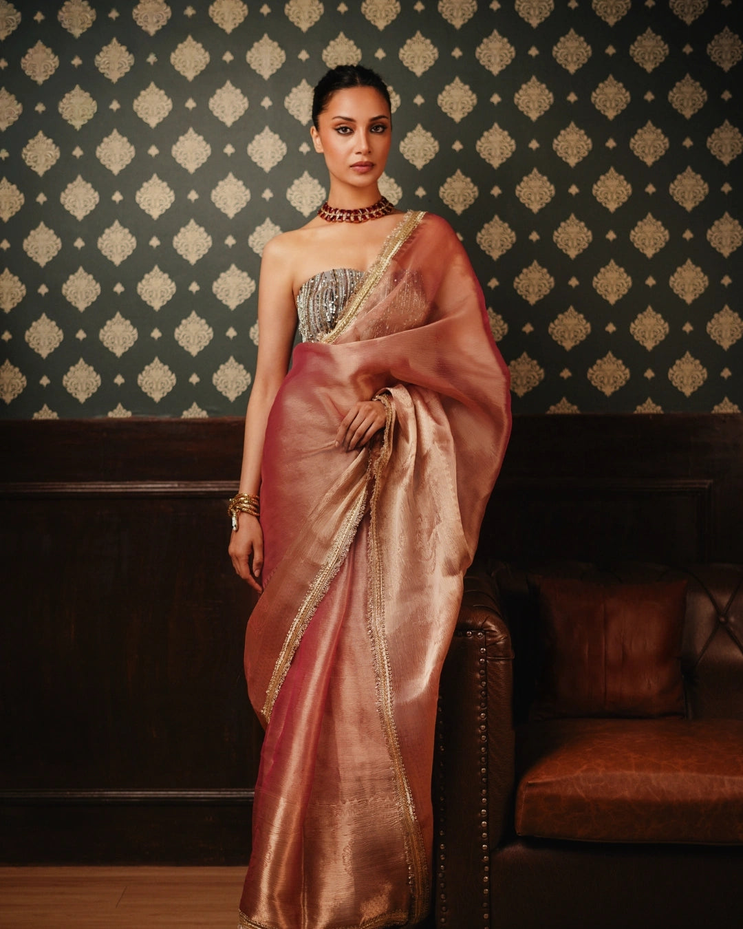 Copper Brown Shimmer Tissue Saree with Zari and Lace Border Work