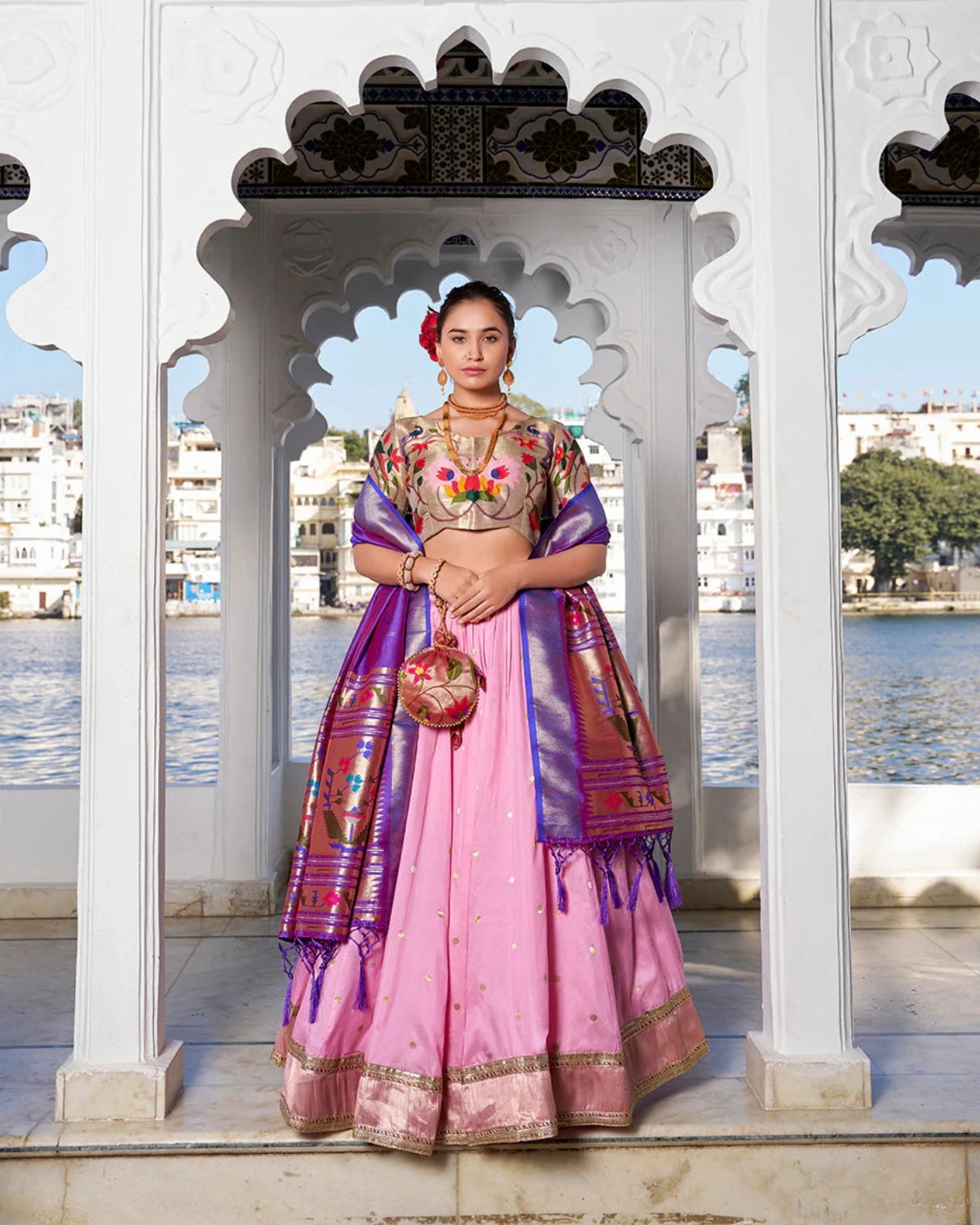 Pink Paithani Silk Lehenga with Purple Lotus Design Dupatta