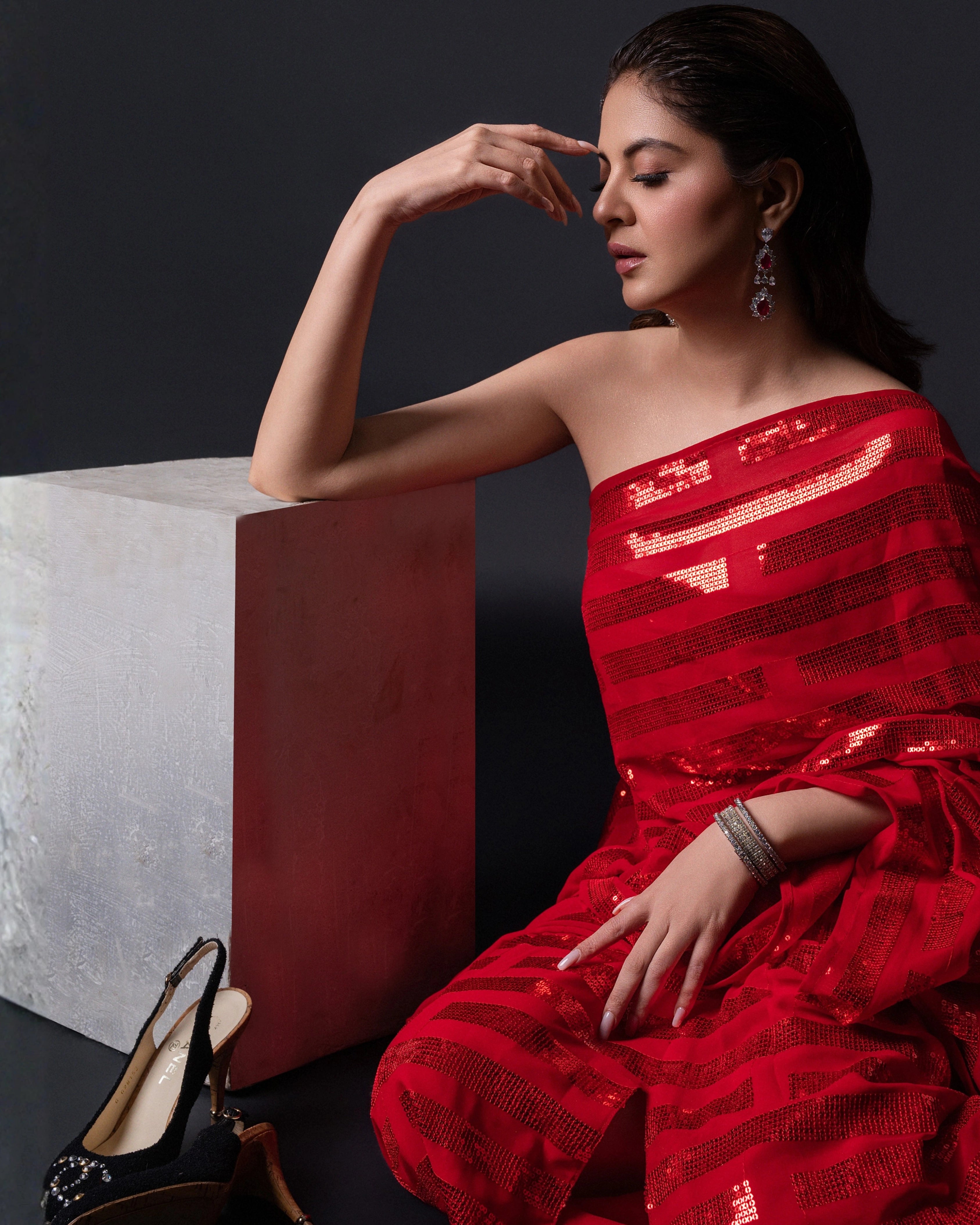 Crimson Red Georgette Sequin Per Drap Saree with Matching Blouse