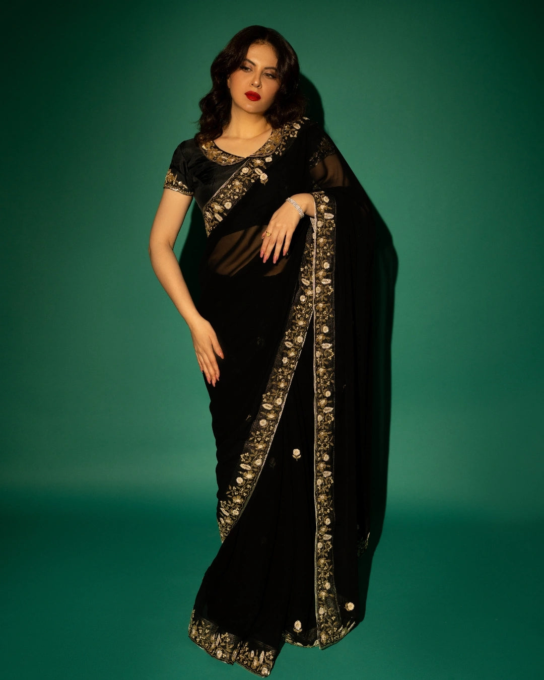 Black Hand Embroidered Georgette Saree and Matching Floral Embroidered Blouse