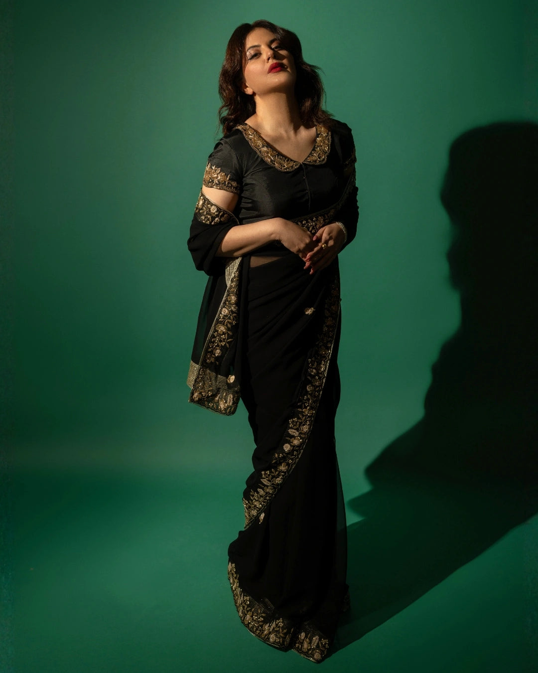 Black Hand Embroidered Georgette Saree and Matching Floral Embroidered Blouse