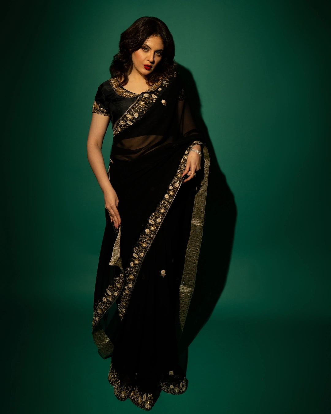 Black Hand Embroidered Georgette Saree and Matching Floral Embroidered Blouse