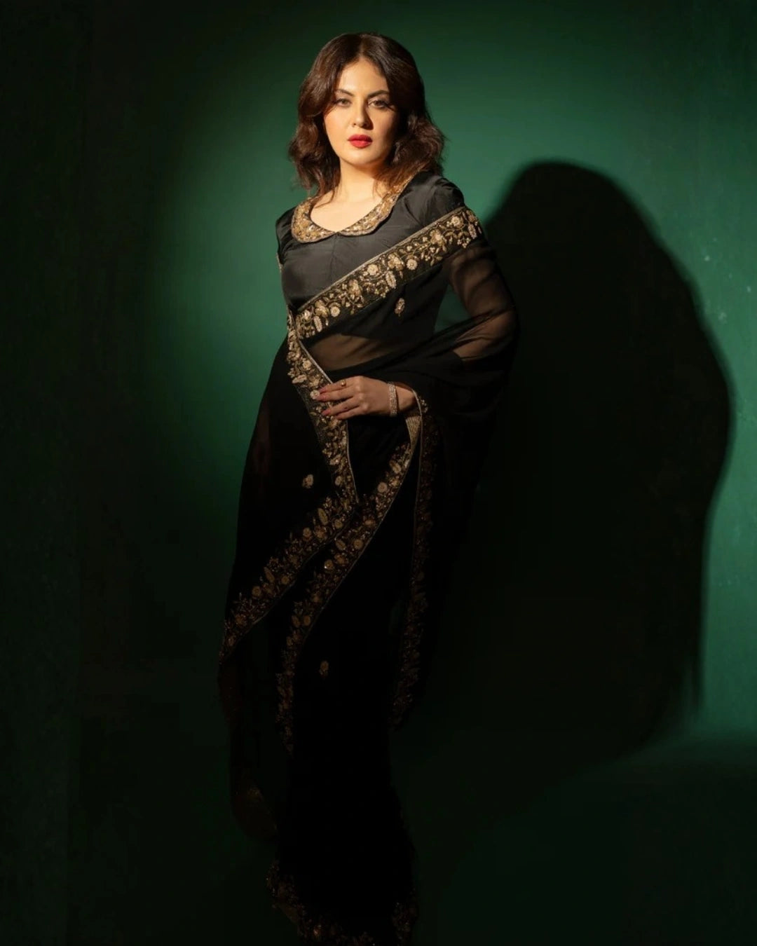 Black Hand Embroidered Georgette Saree and Matching Floral Embroidered Blouse