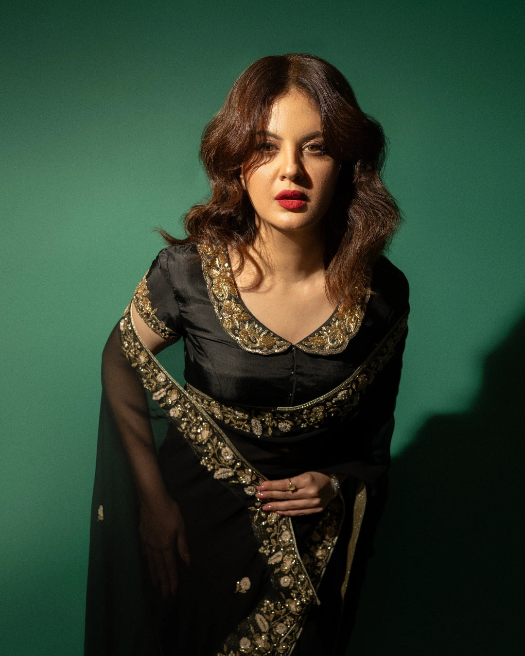 Black Hand Embroidered Georgette Saree and Matching Floral Embroidered Blouse